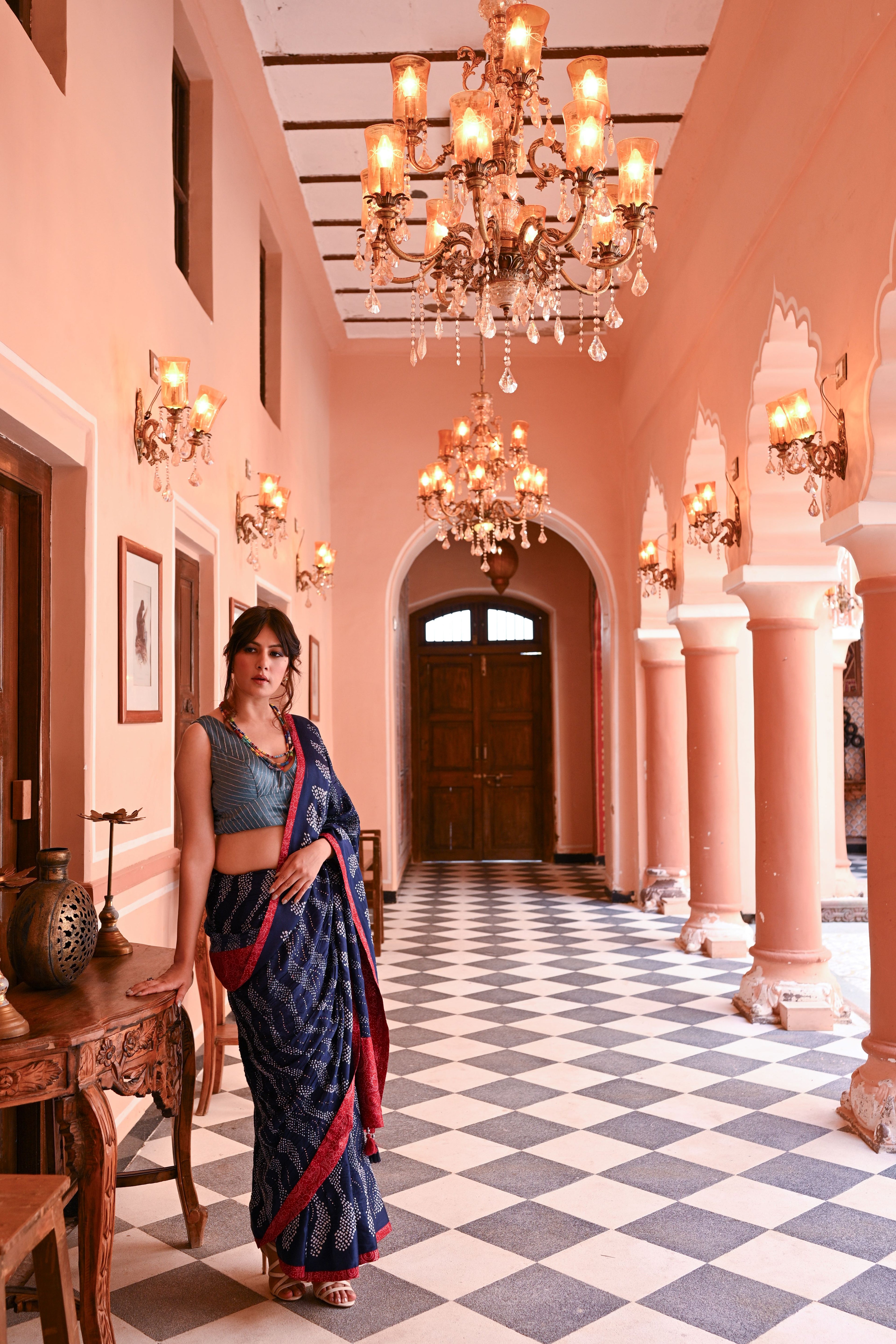 INDIGO BLUE WAVES OF THE SEA BANDHANI SILK SAREE WITH MUKAISH WORK AND SILK BORDER