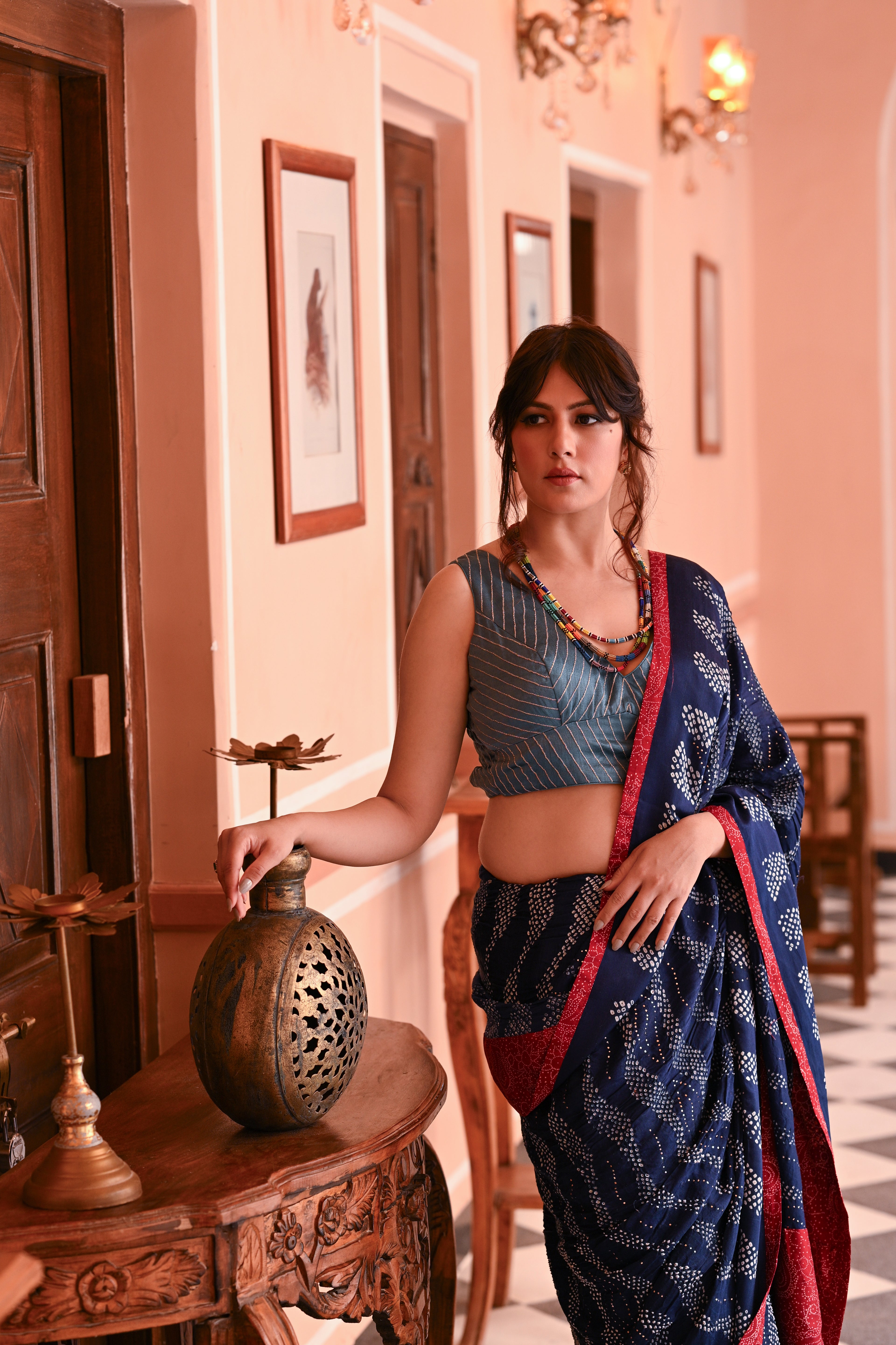 INDIGO BLUE WAVES OF THE SEA BANDHANI SILK SAREE WITH MUKAISH WORK AND SILK BORDER