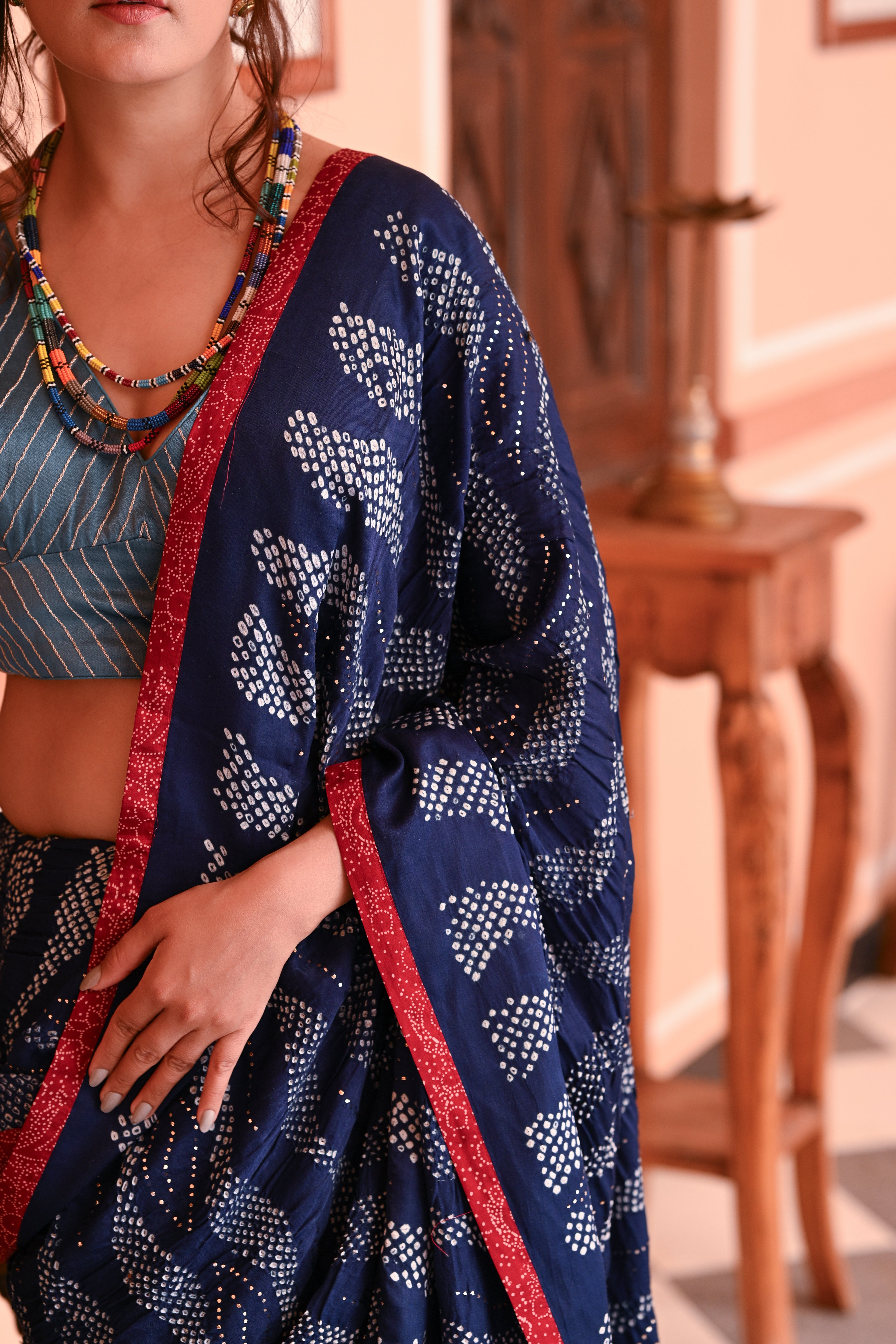 INDIGO BLUE WAVES OF THE SEA BANDHANI SILK SAREE WITH MUKAISH WORK AND SILK BORDER