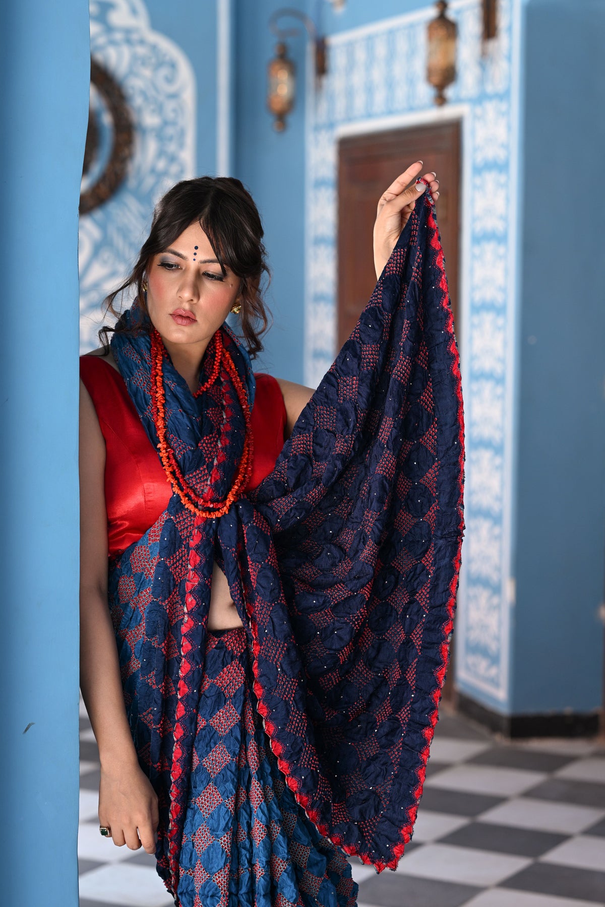 INDIGO BLUE GEOMETRIC S3 BANDHANI SILK SAREE WITH MUKAISH WORK