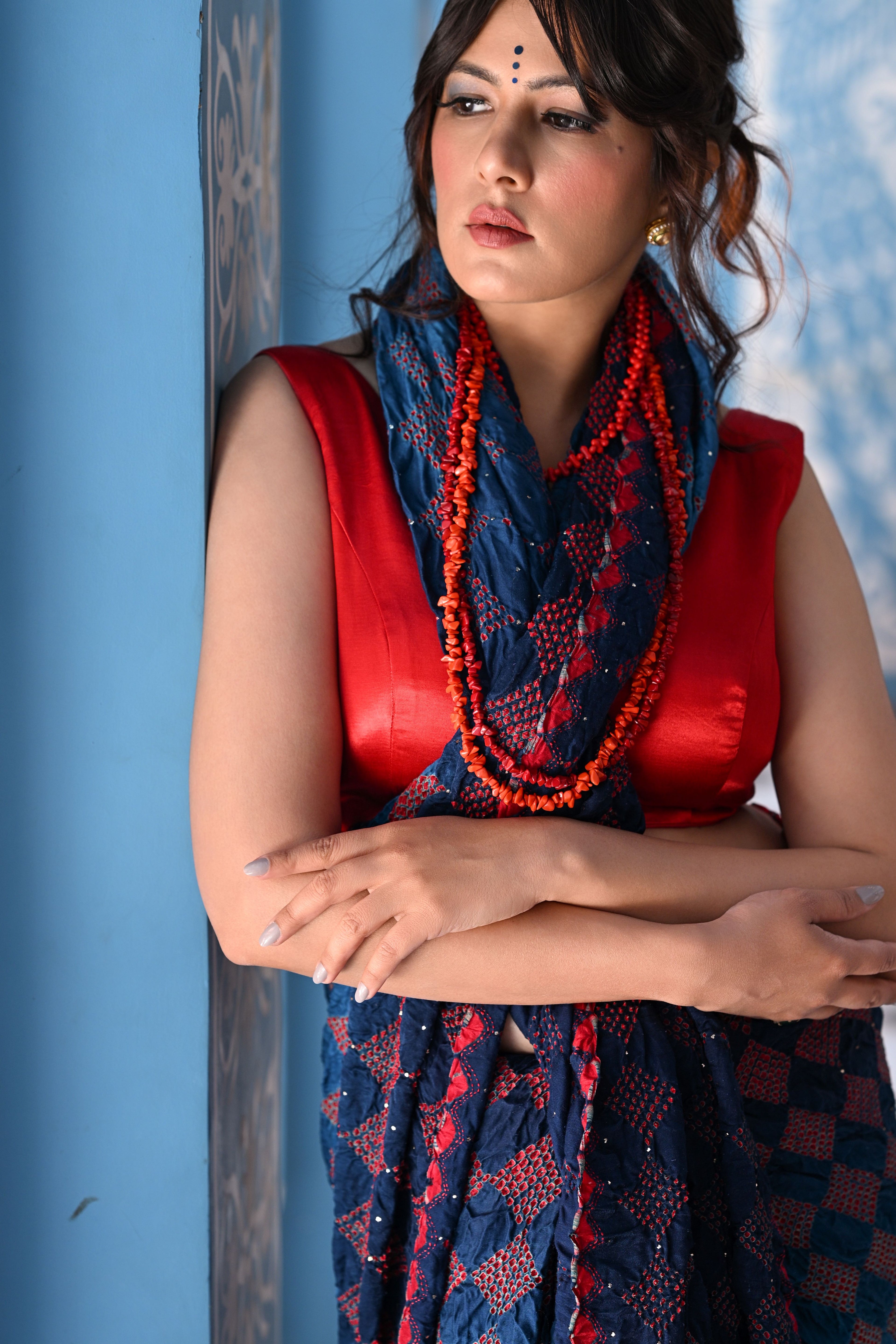 INDIGO BLUE GEOMETRIC S3 BANDHANI SILK SAREE WITH MUKAISH WORK