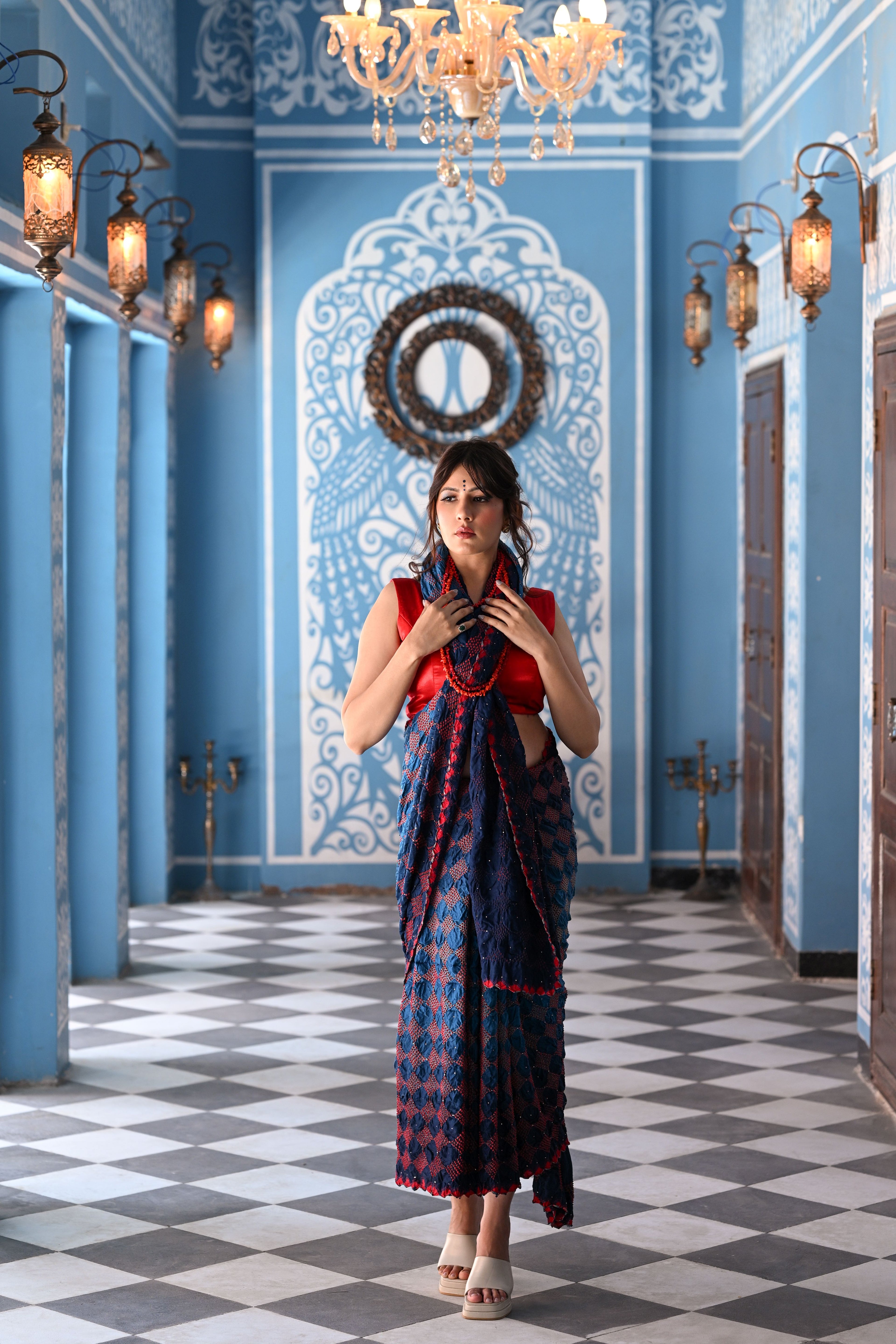 INDIGO BLUE GEOMETRIC S3 BANDHANI SILK SAREE WITH MUKAISH WORK