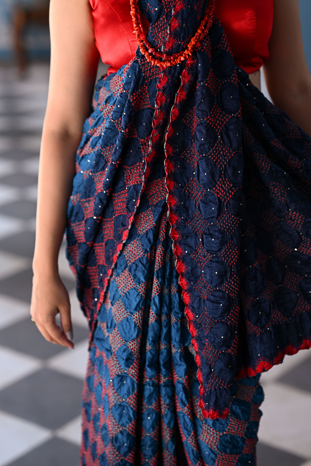 INDIGO BLUE GEOMETRIC S3 BANDHANI SILK SAREE WITH MUKAISH WORK