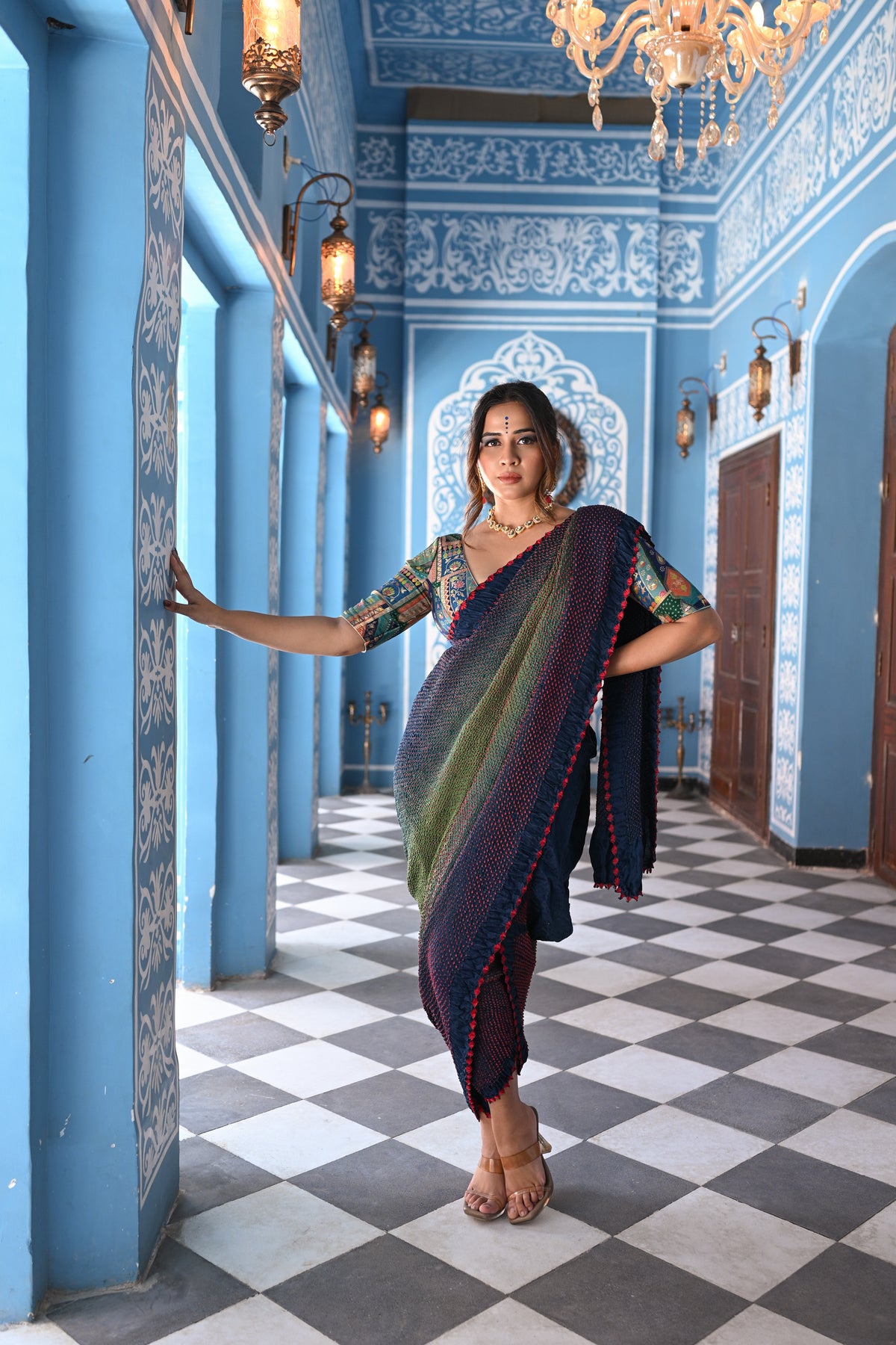 BLUE-GREEN ETERNAL DOTS BANDHANI SILK SAREE