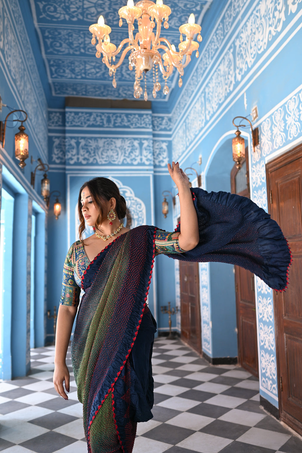 BLUE-GREEN ETERNAL DOTS BANDHANI SILK SAREE
