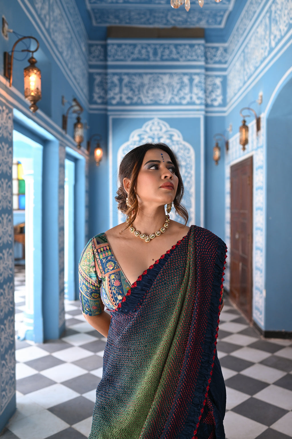 BLUE-GREEN ETERNAL DOTS BANDHANI SILK SAREE