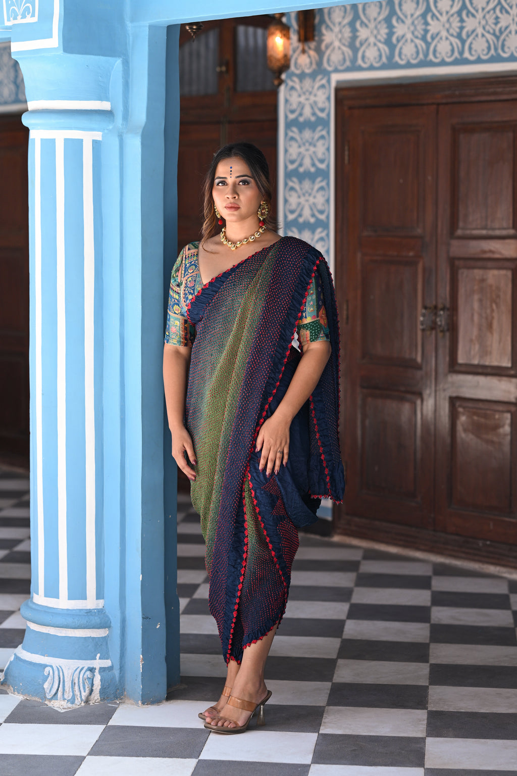 BLUE-GREEN ETERNAL DOTS BANDHANI SILK SAREE