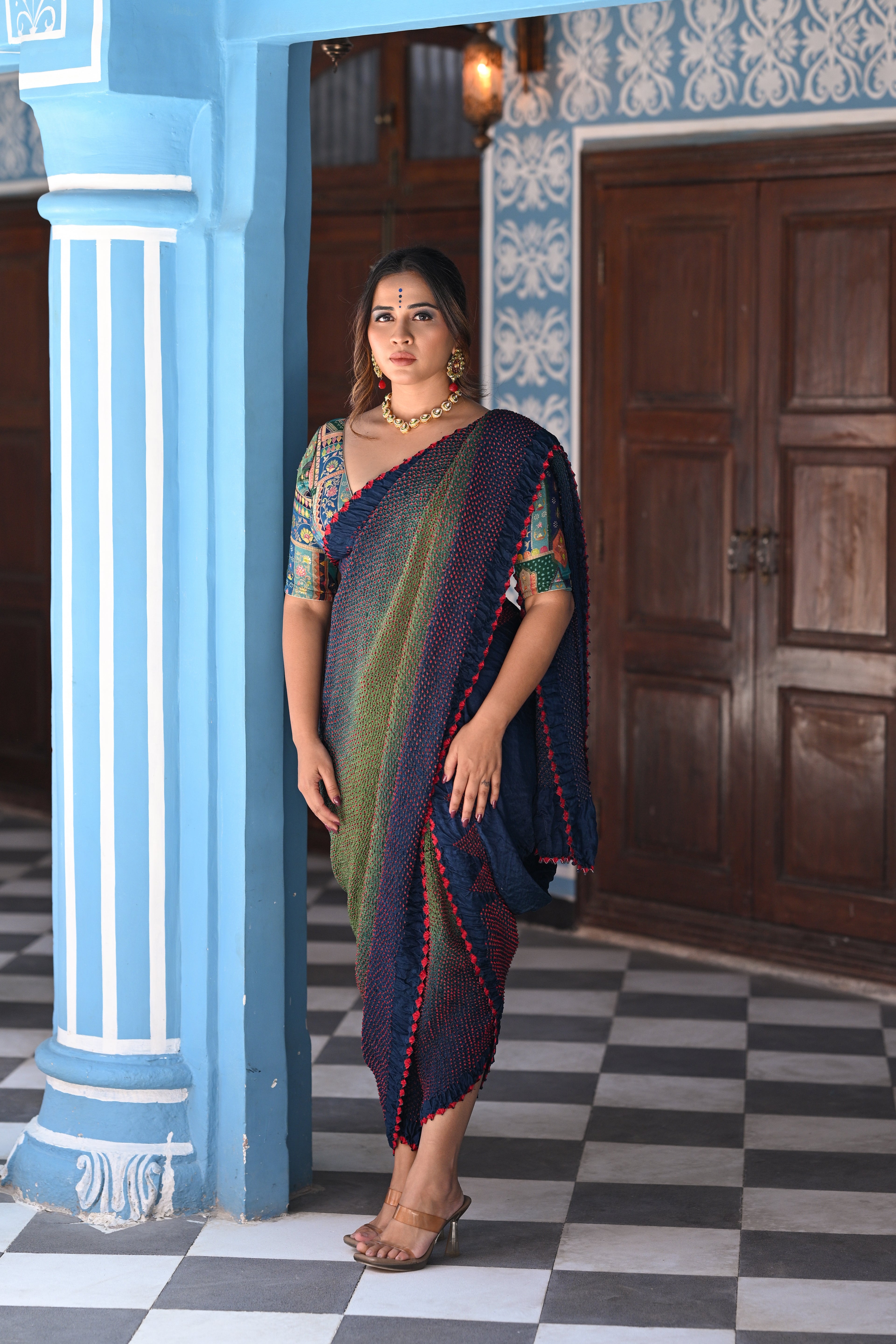 BLUE-GREEN ETERNAL DOTS BANDHANI SILK SAREE