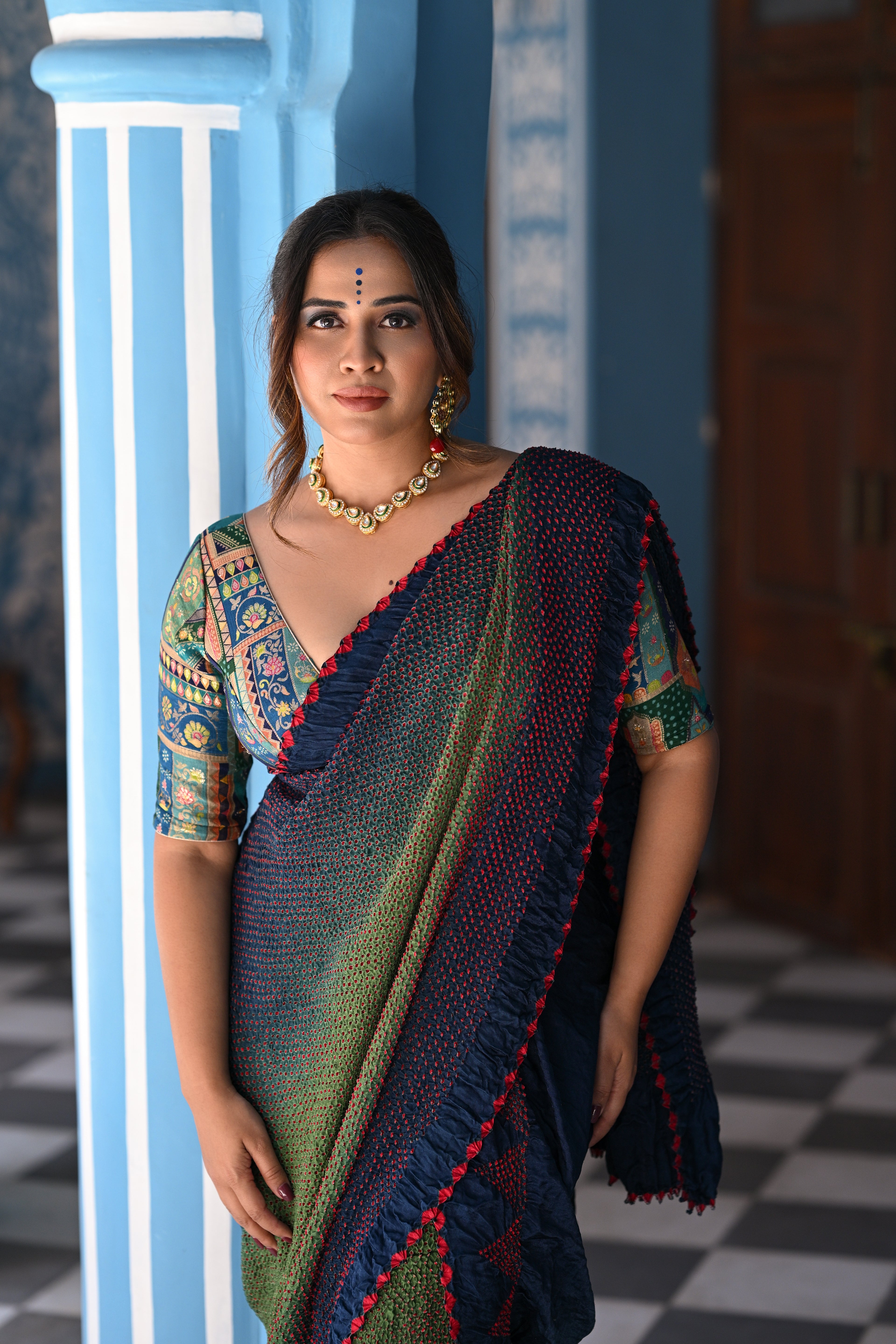 BLUE-GREEN ETERNAL DOTS BANDHANI SILK SAREE
