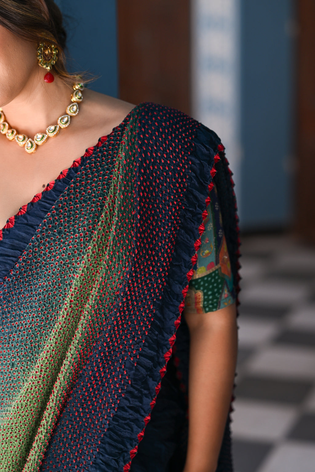 BLUE-GREEN ETERNAL DOTS BANDHANI SILK SAREE