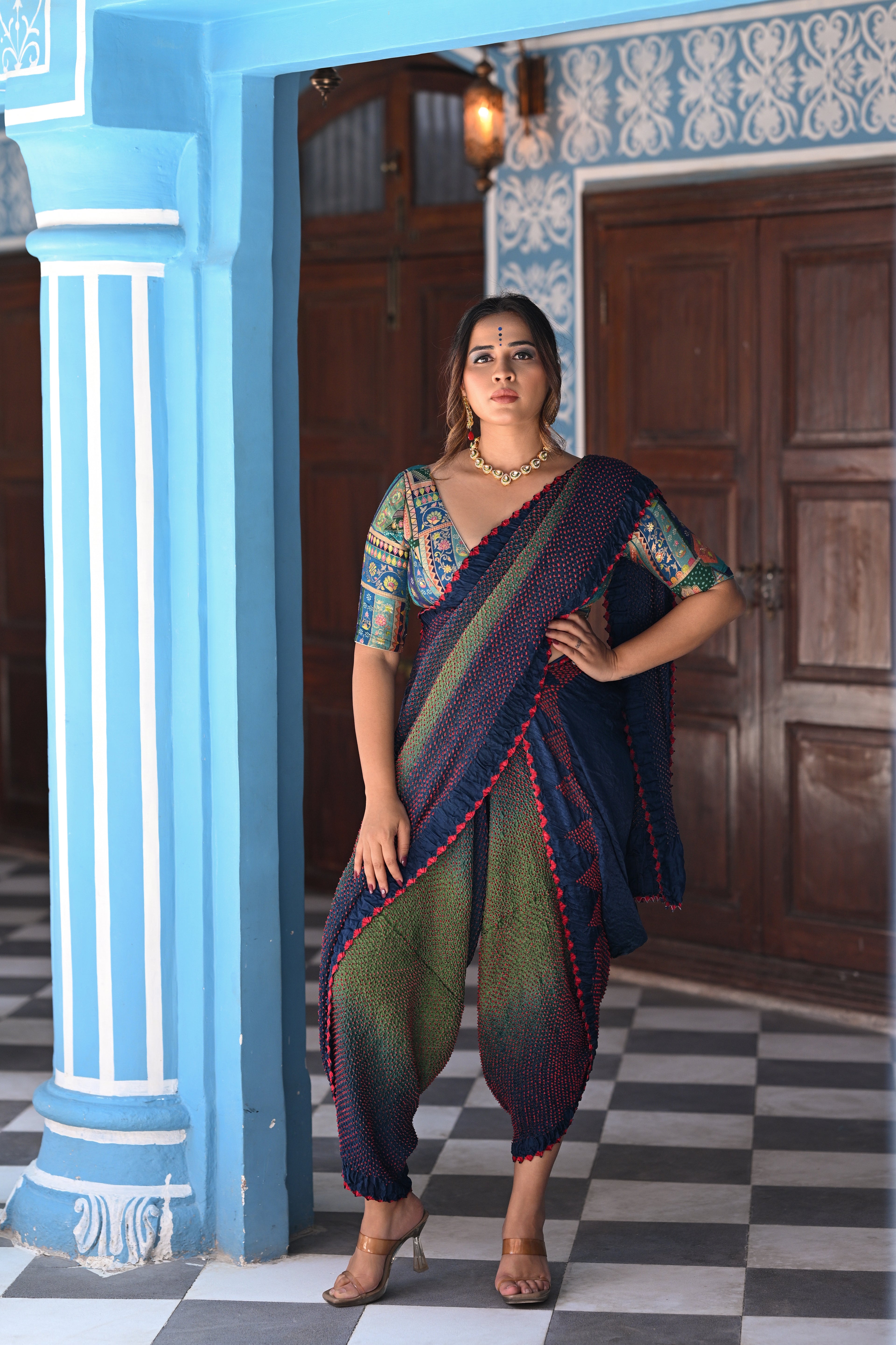 BLUE-GREEN ETERNAL DOTS BANDHANI SILK SAREE