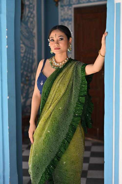 GREEN ETERNAL DOTS BANDHANI SILK SAREE WITH MUKAISH