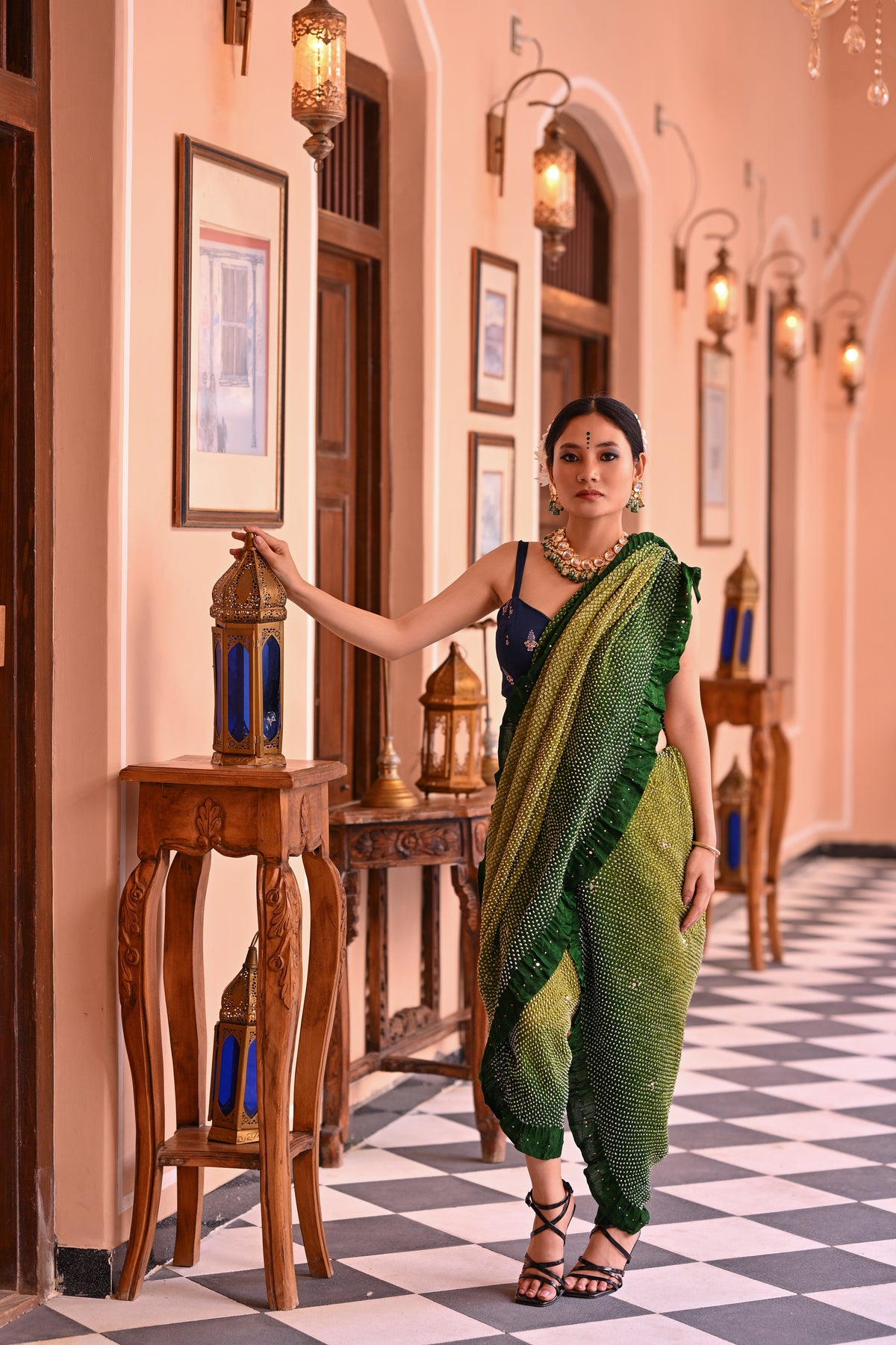 GREEN ETERNAL DOTS BANDHANI SILK SAREE WITH MUKAISH