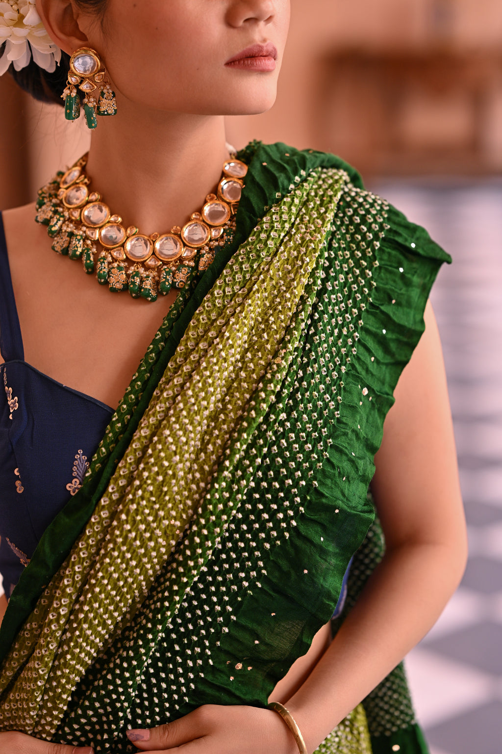 GREEN ETERNAL DOTS BANDHANI SILK SAREE WITH MUKAISH
