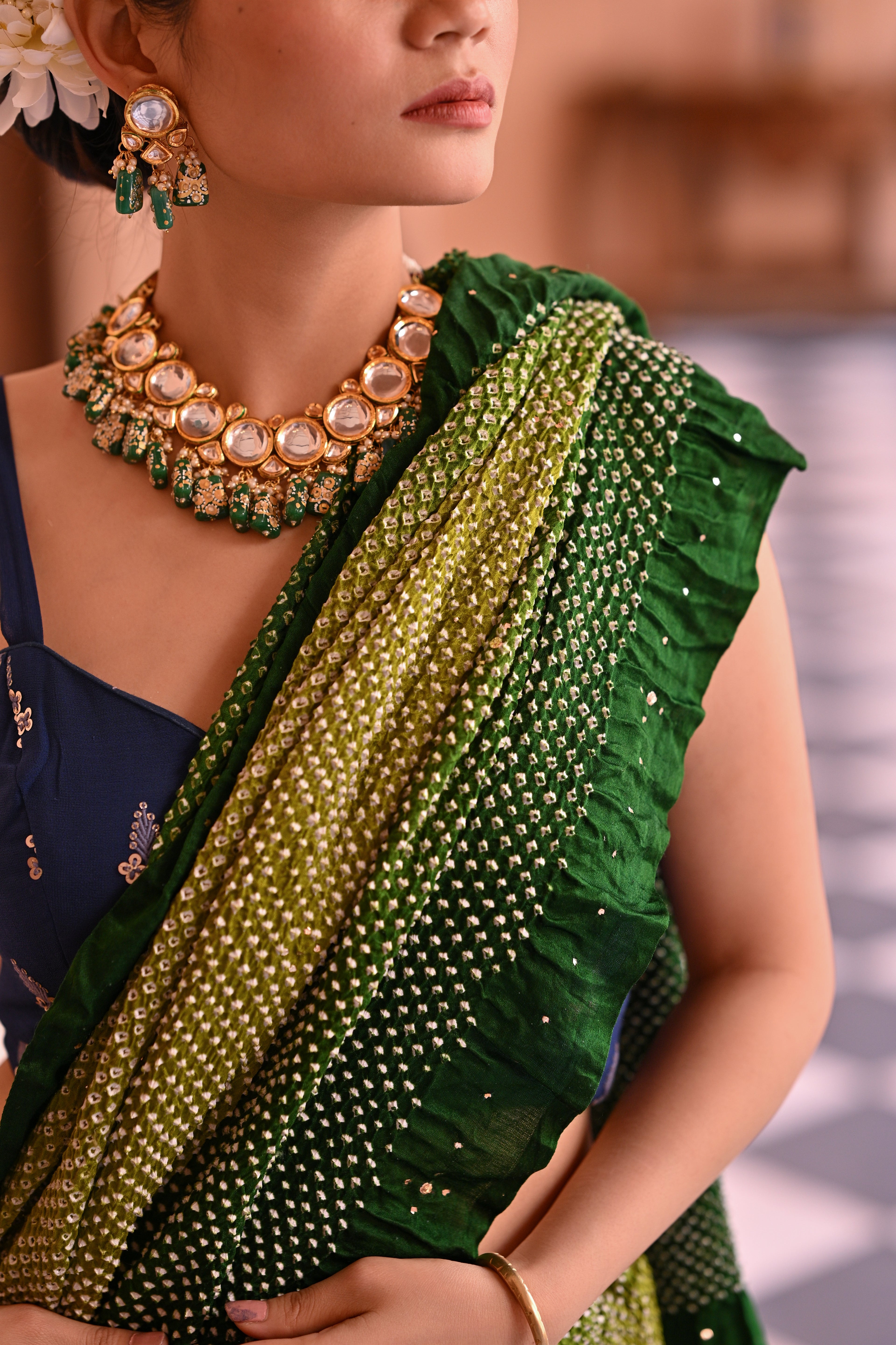 GREEN ETERNAL DOTS BANDHANI SILK SAREE WITH MUKAISH