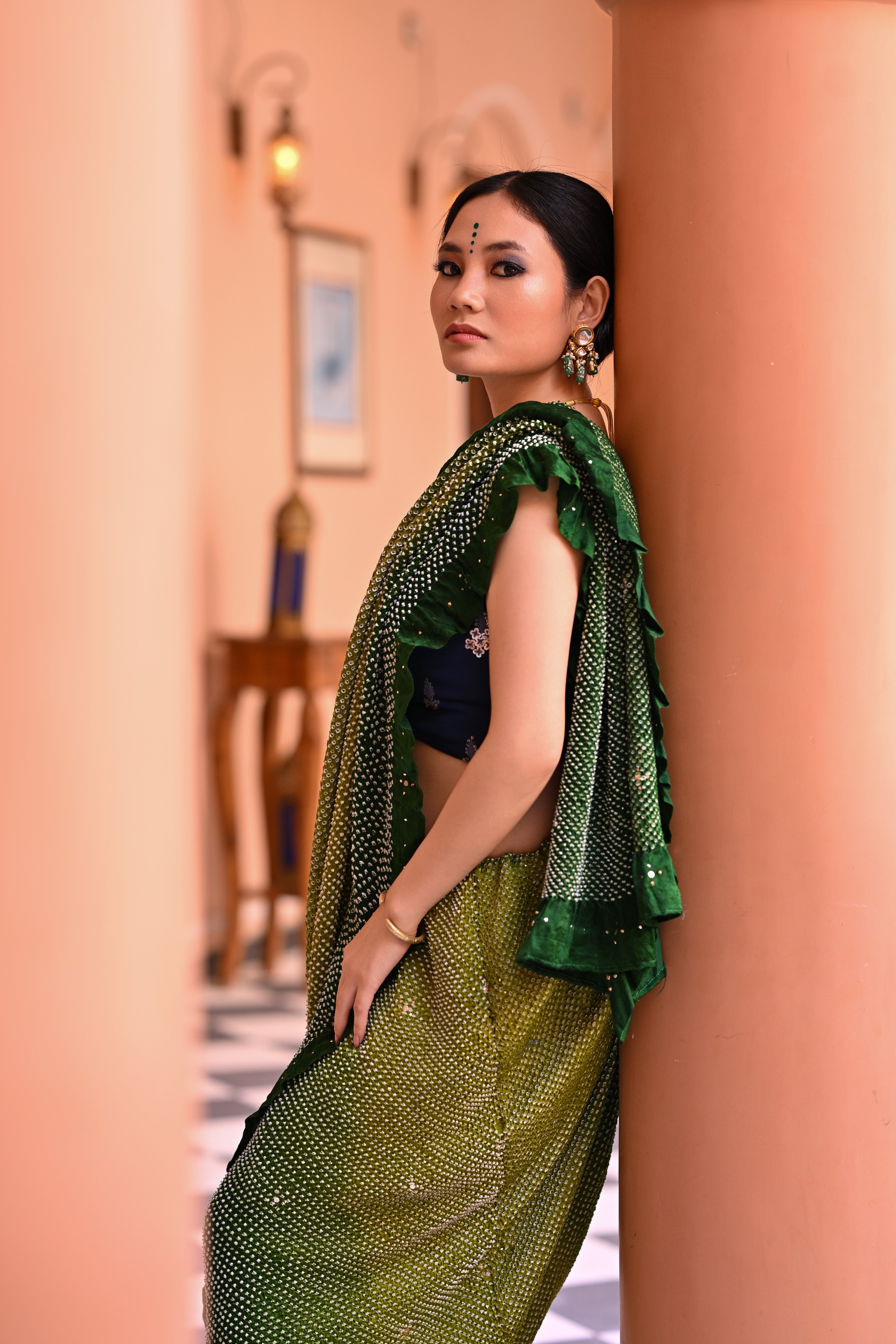GREEN ETERNAL DOTS BANDHANI SILK SAREE WITH MUKAISH
