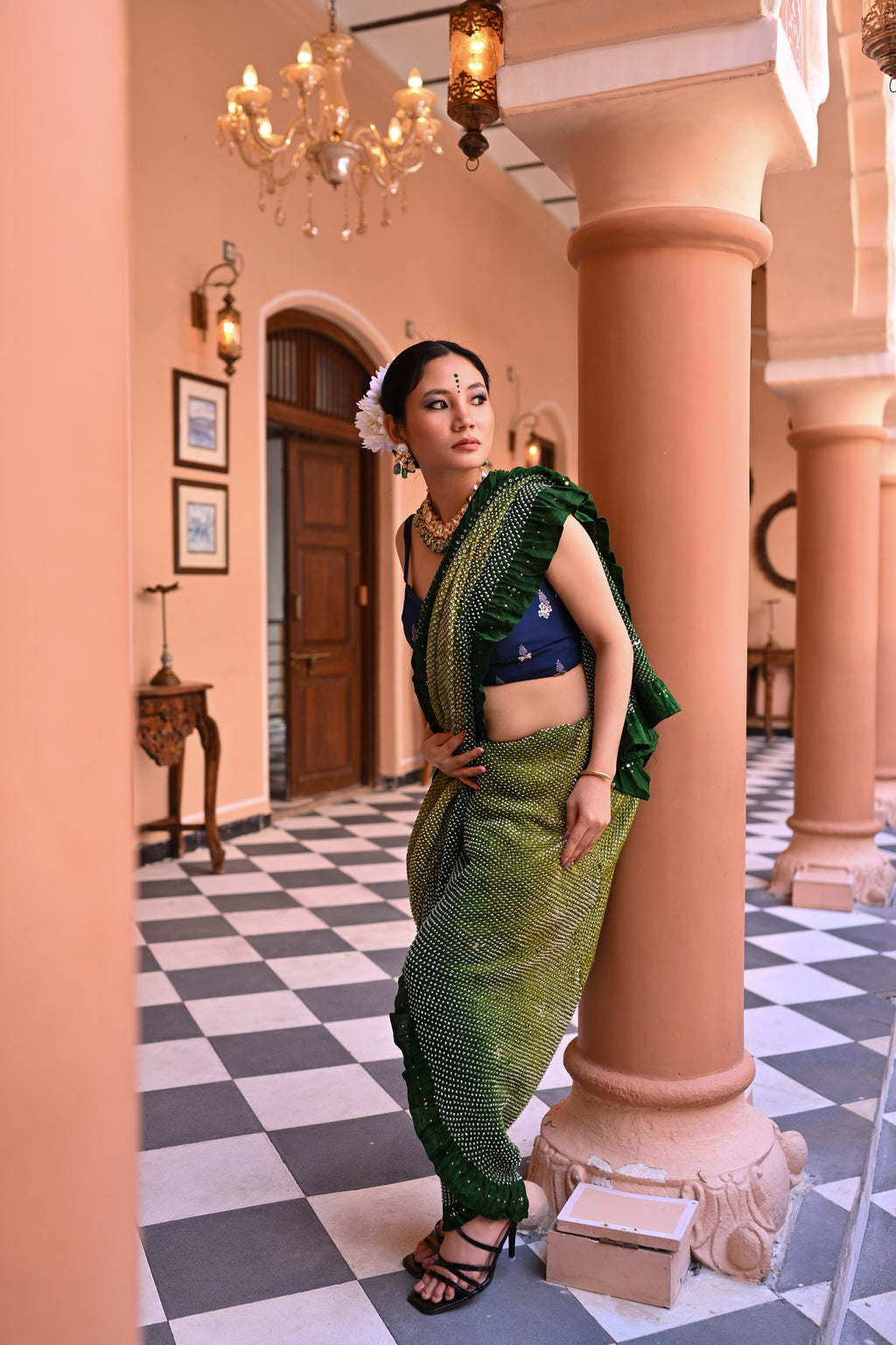 GREEN ETERNAL DOTS BANDHANI SILK SAREE WITH MUKAISH
