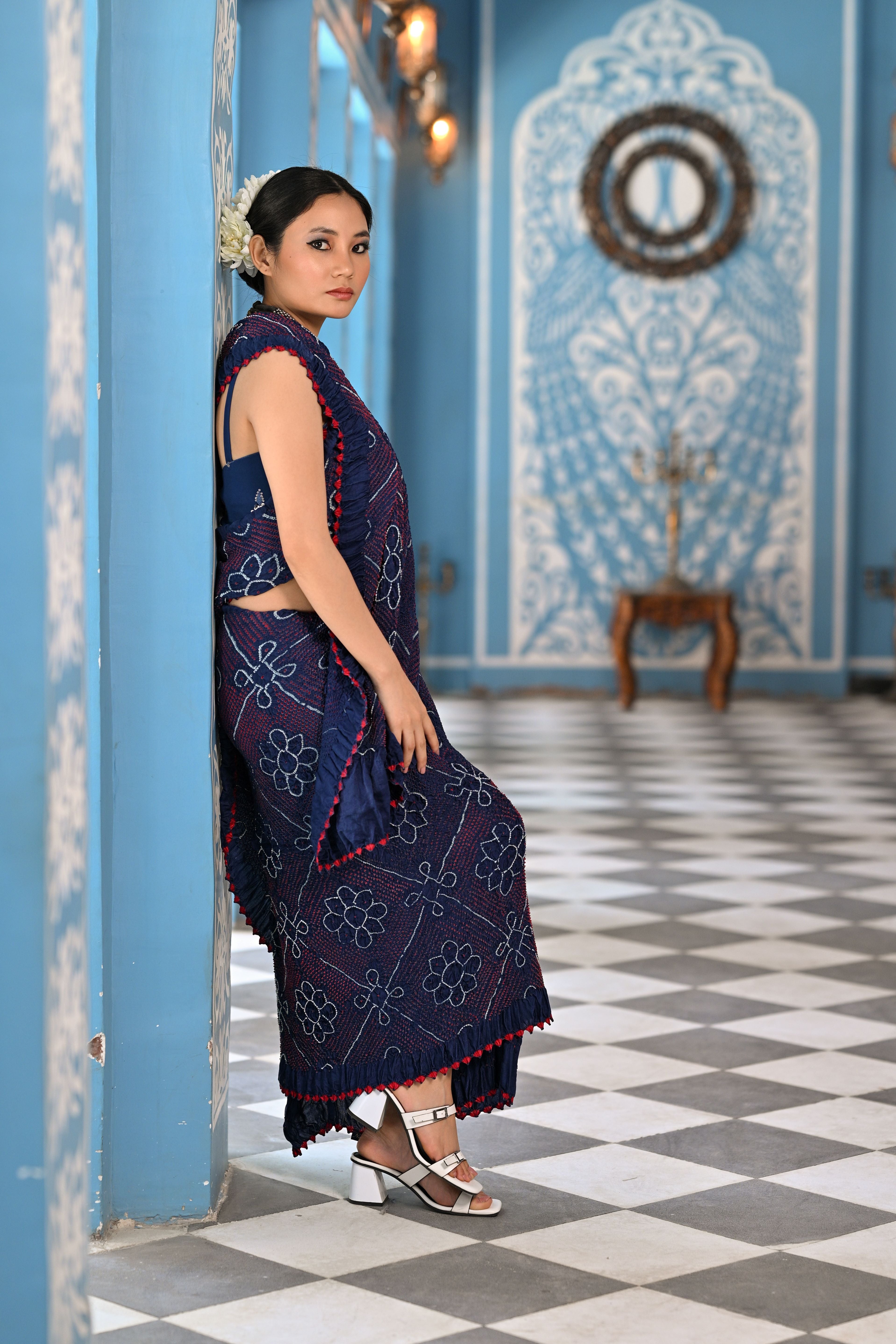 INDIGO BLUE POPPY FLOWER BANDHANI SILK SAREE