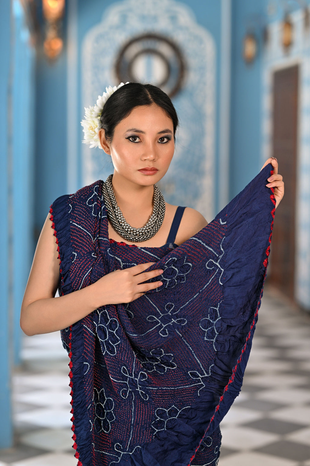 INDIGO BLUE POPPY FLOWER BANDHANI SILK SAREE