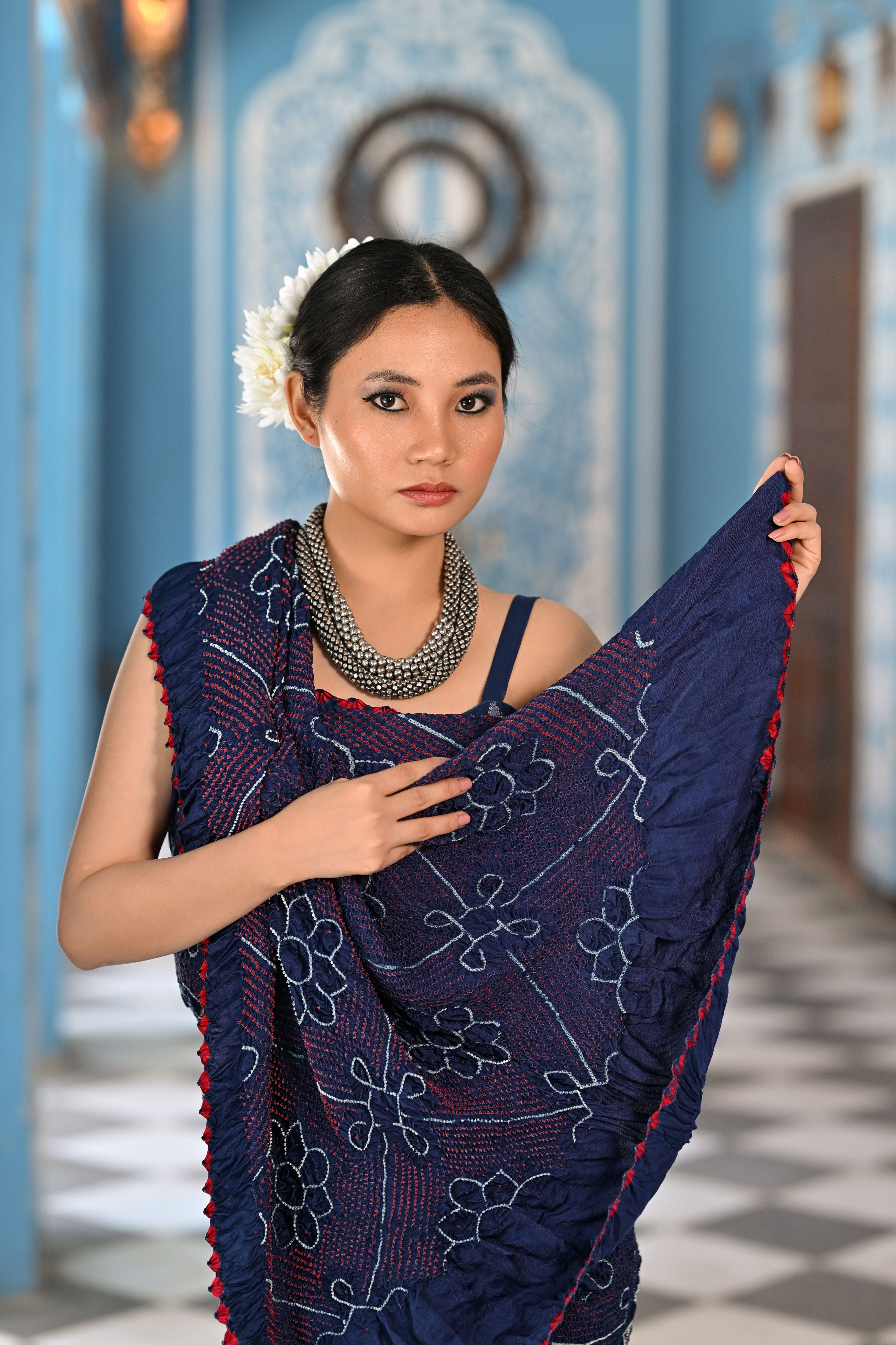 INDIGO BLUE POPPY FLOWER BANDHANI SILK SAREE