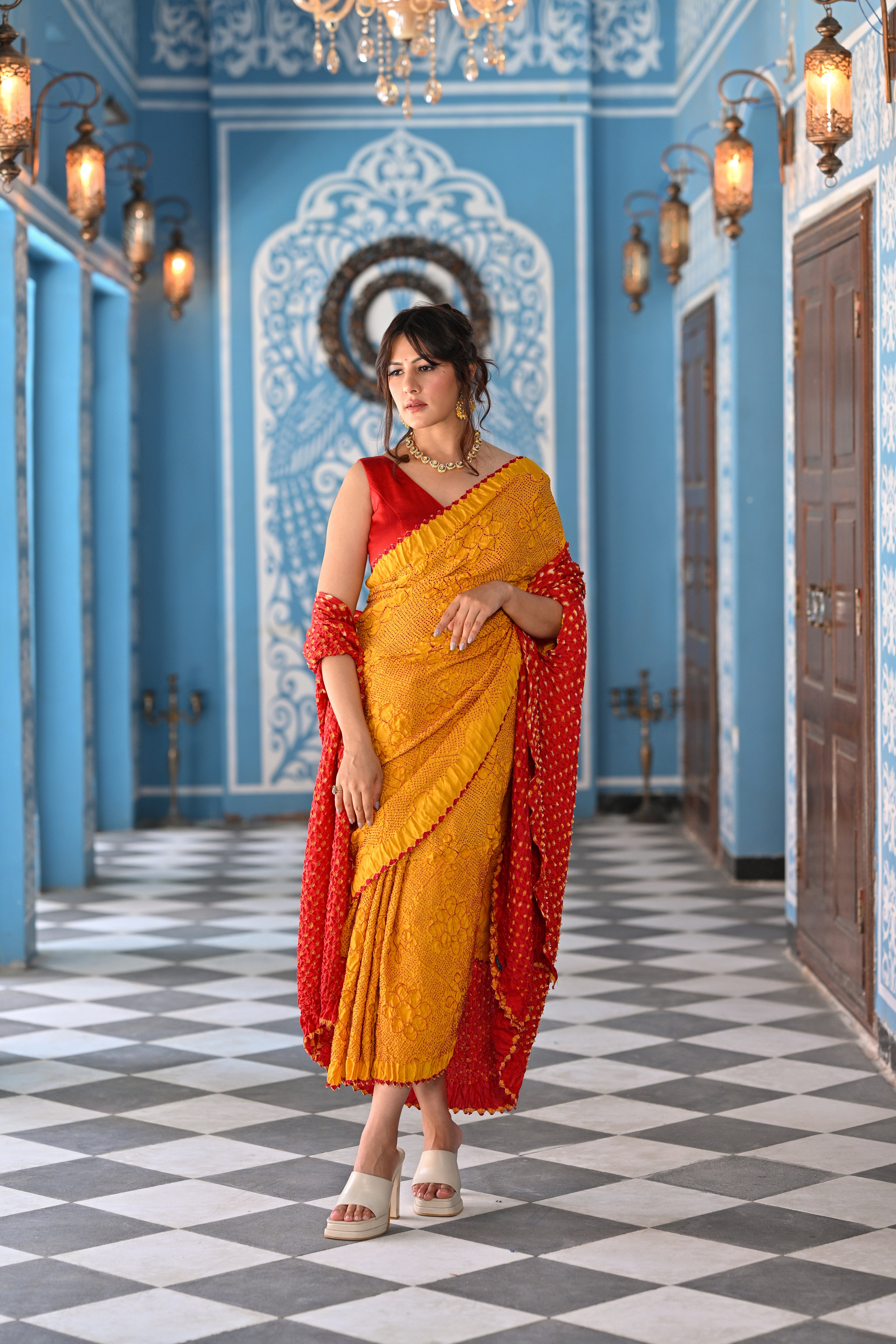 YELLOW POPPY FLOWER BANDHANI SILK SAREE