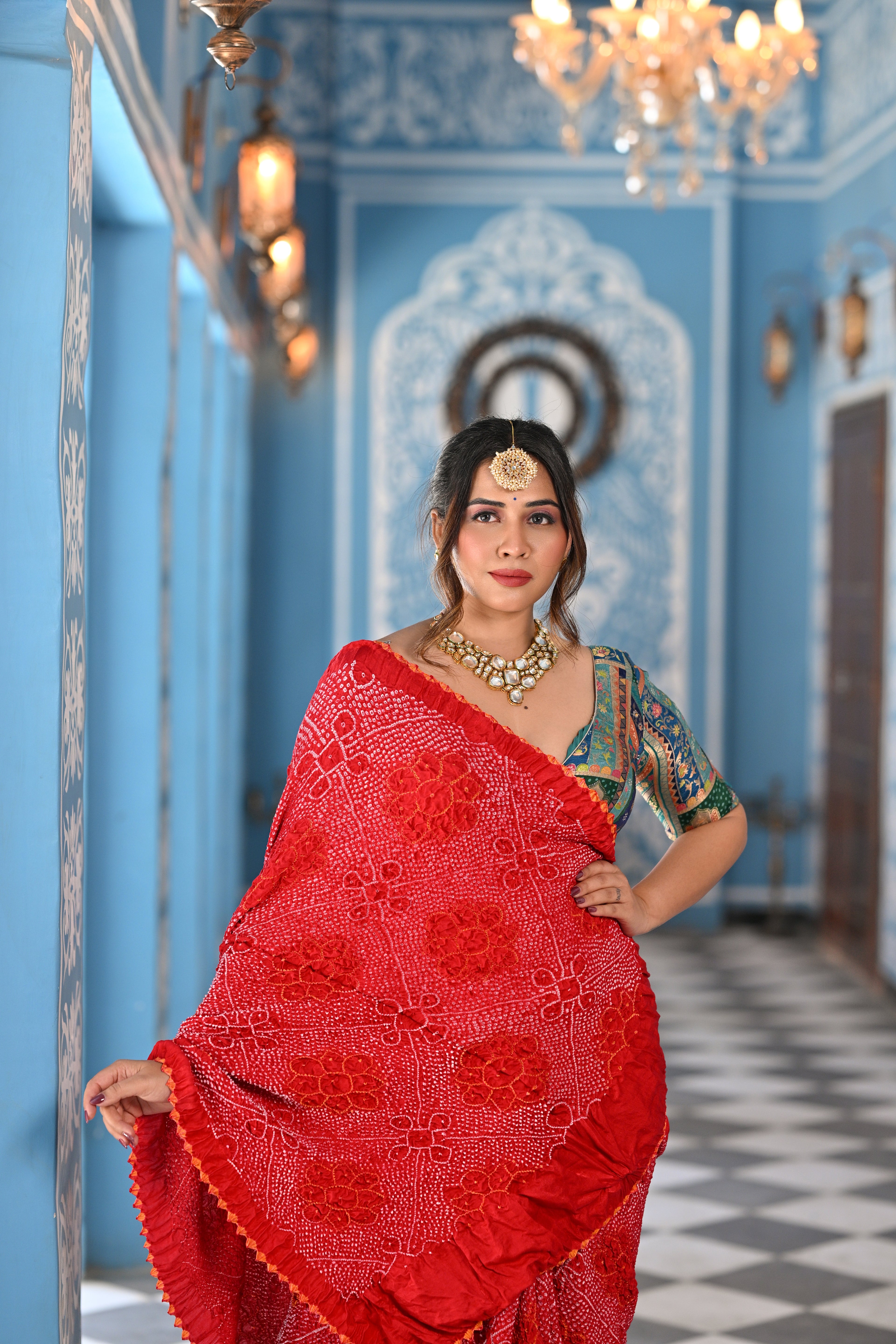 RED POPPY FLOWER BANDHANI SILK SAREE
