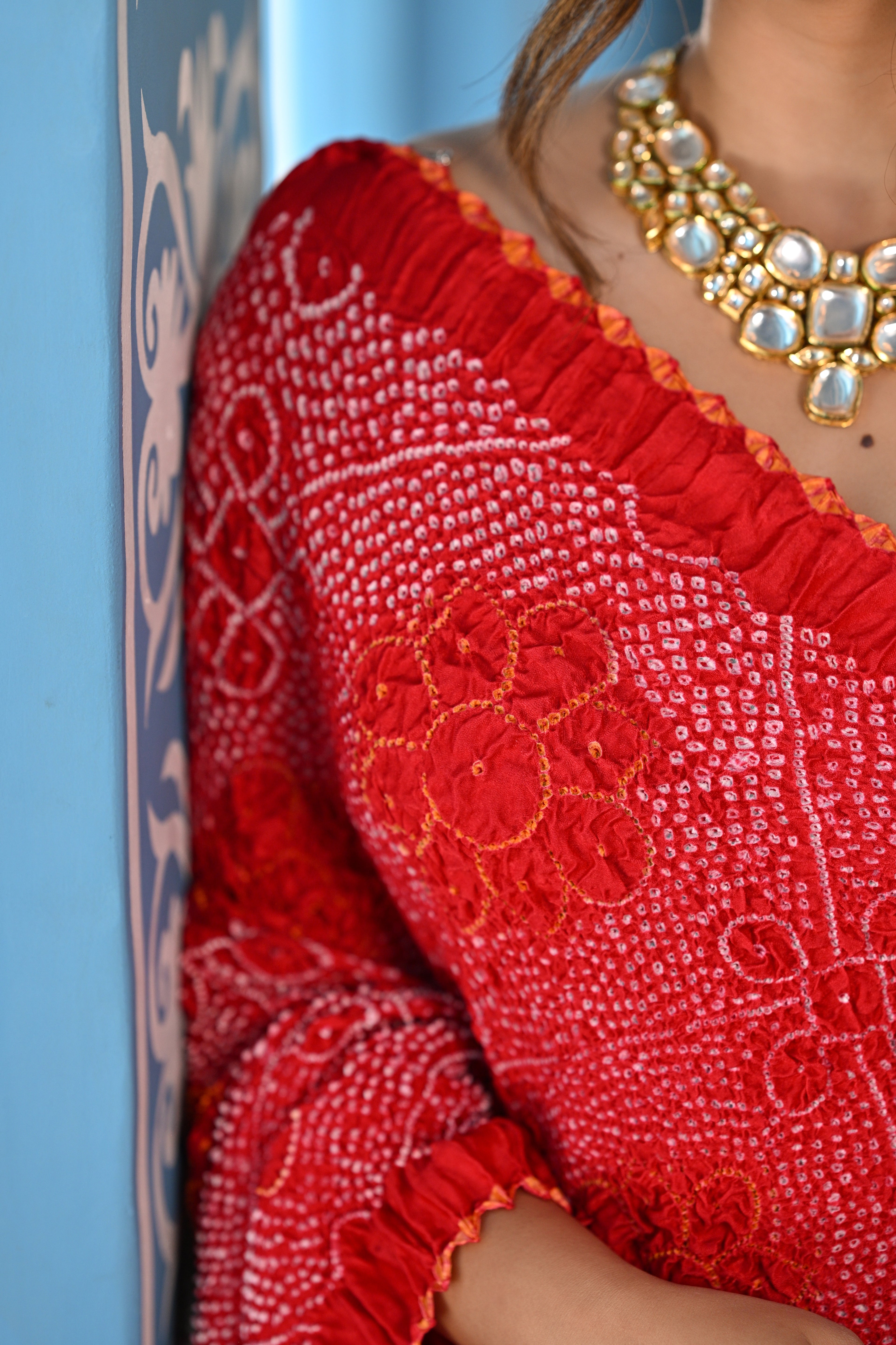 RED POPPY FLOWER BANDHANI SILK SAREE