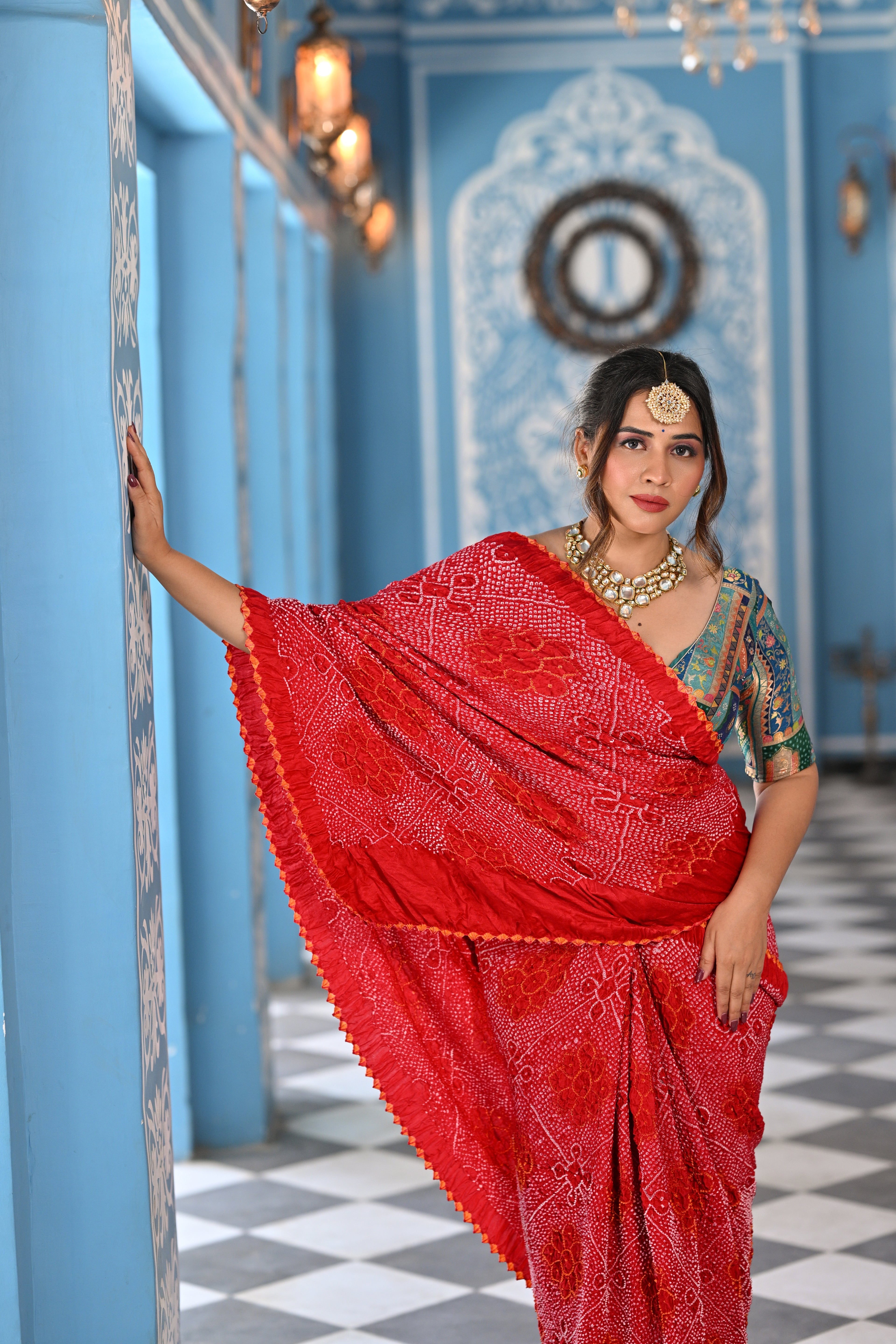 RED POPPY FLOWER BANDHANI SILK SAREE