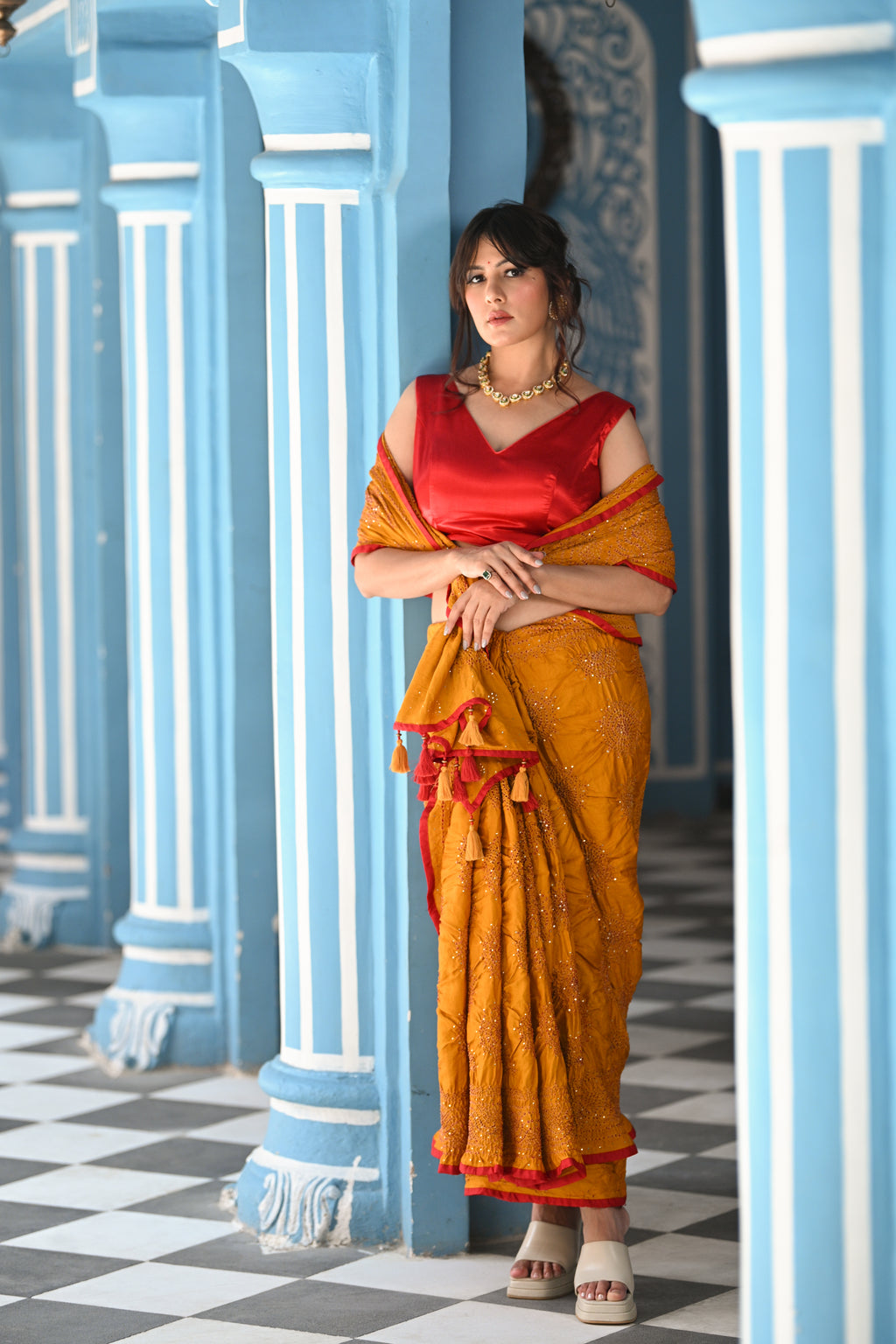 GOLDEN YELLOW CLASSIC TRADITIONAL LADDOO BANDHANI SILK SAREE WITH SILK BORDER