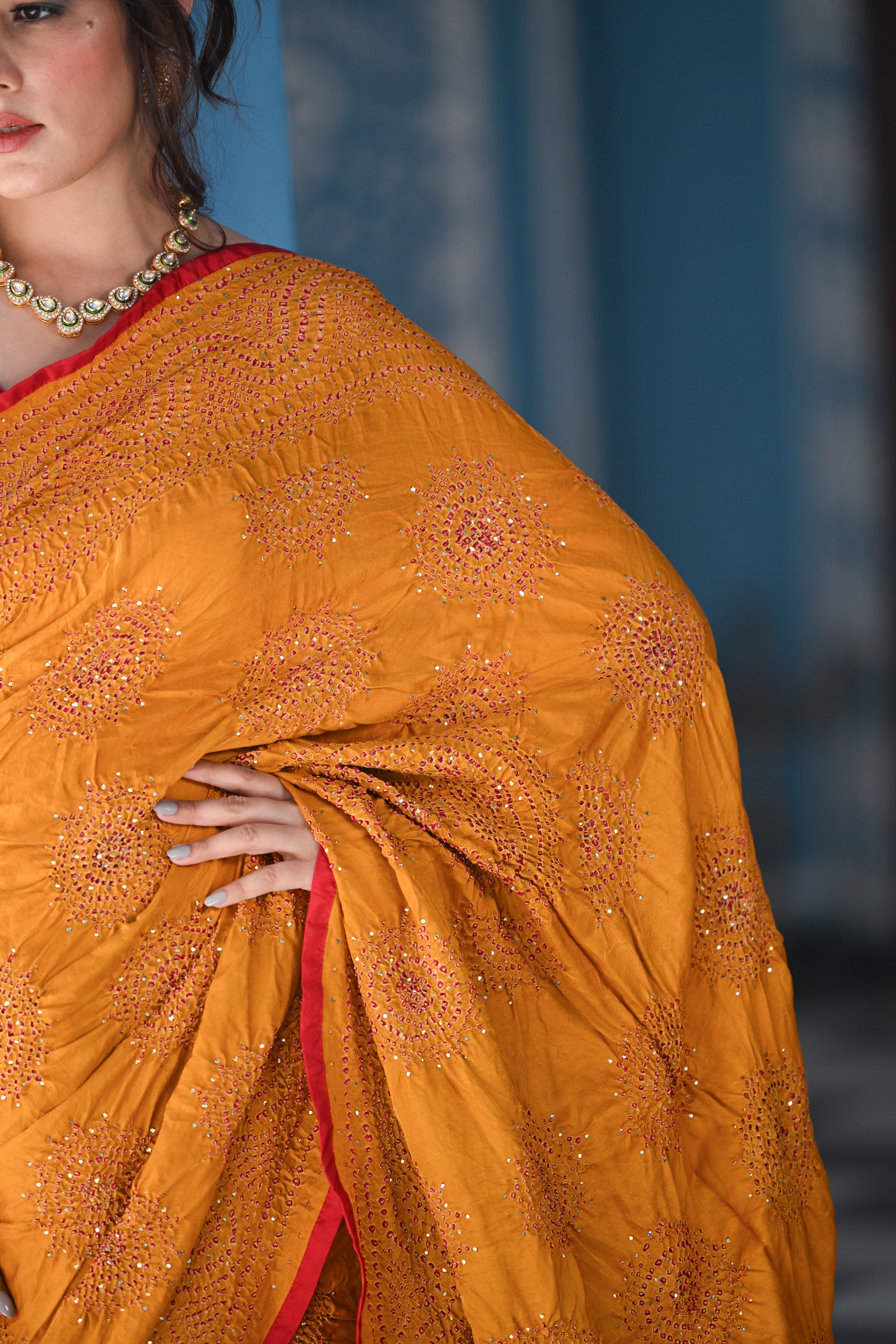 GOLDEN YELLOW CLASSIC TRADITIONAL LADDOO BANDHANI SILK SAREE WITH SILK BORDER