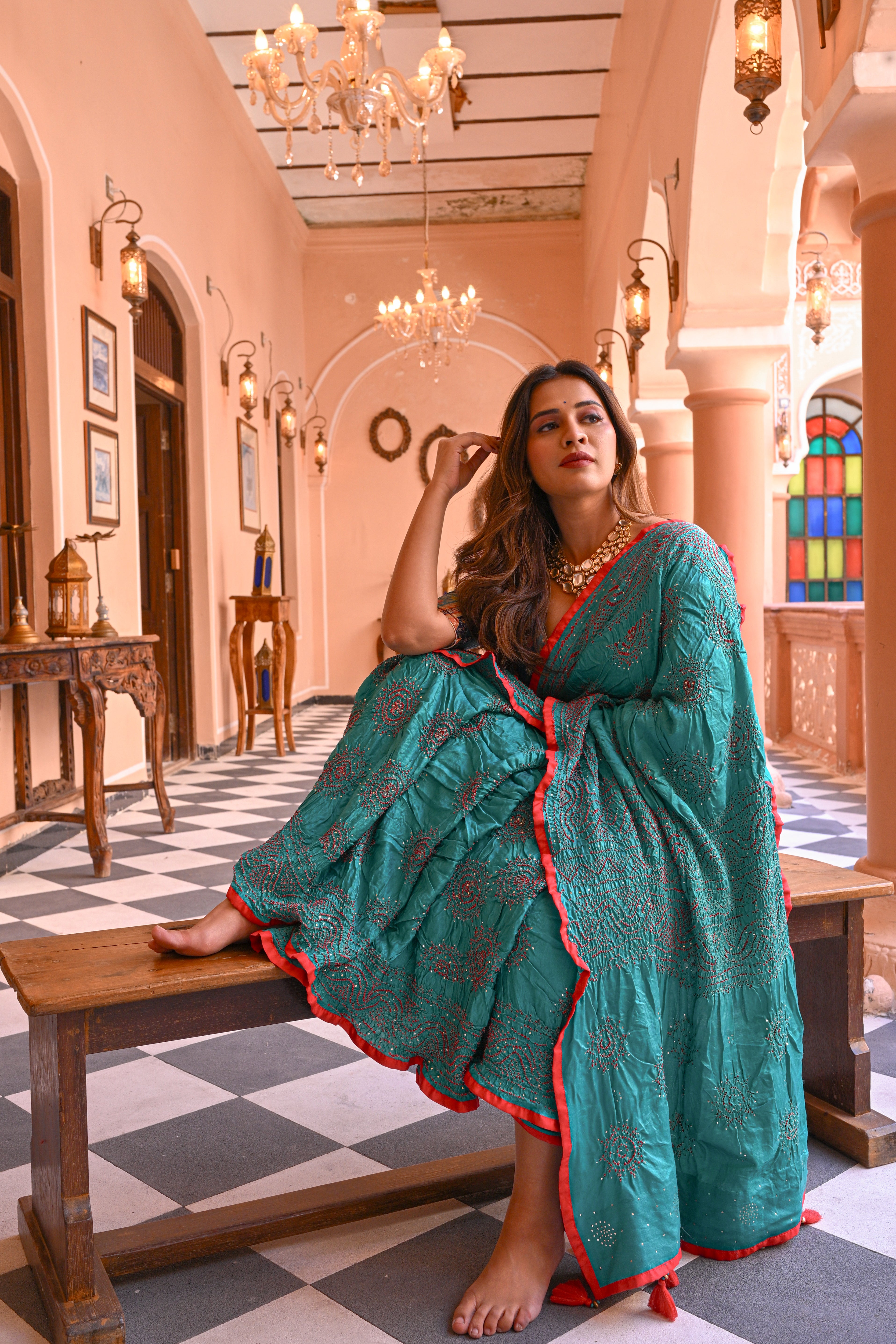GREEN CLASSIC TRADITIONAL LADDOO BANDHANI SILK SAREE WITH SILK BORDER AND MUKAISH WORK