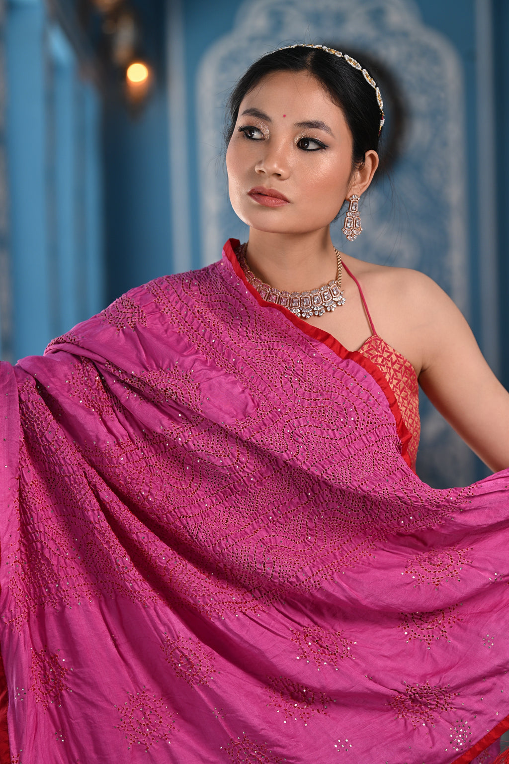 PINK CLASSIC TRADITIONAL LADDOO BANDHANI SILK SAREE WITH SILK BORDER AND MUKAISH WORK