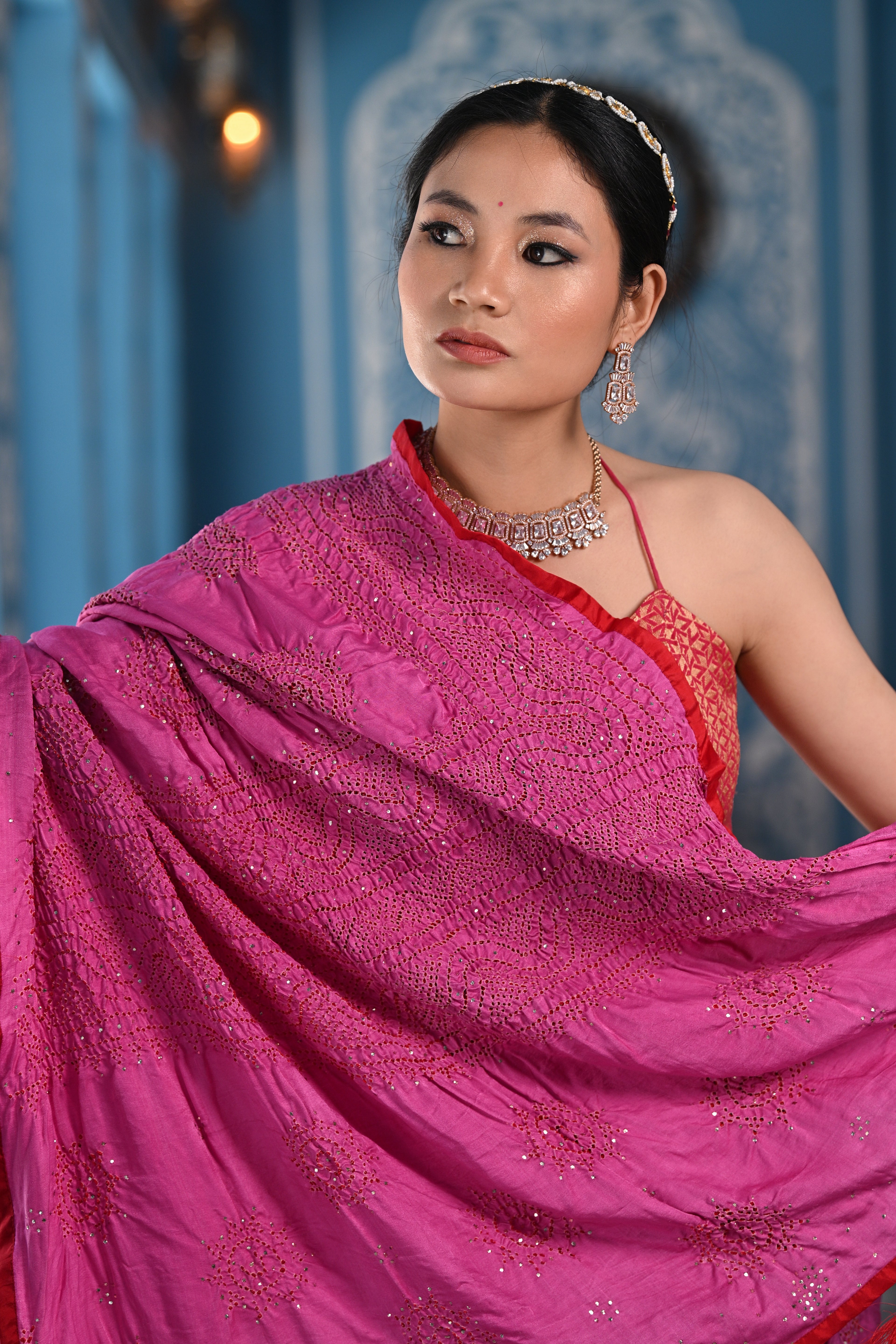 PINK CLASSIC TRADITIONAL LADDOO BANDHANI SILK SAREE WITH SILK BORDER AND MUKAISH WORK