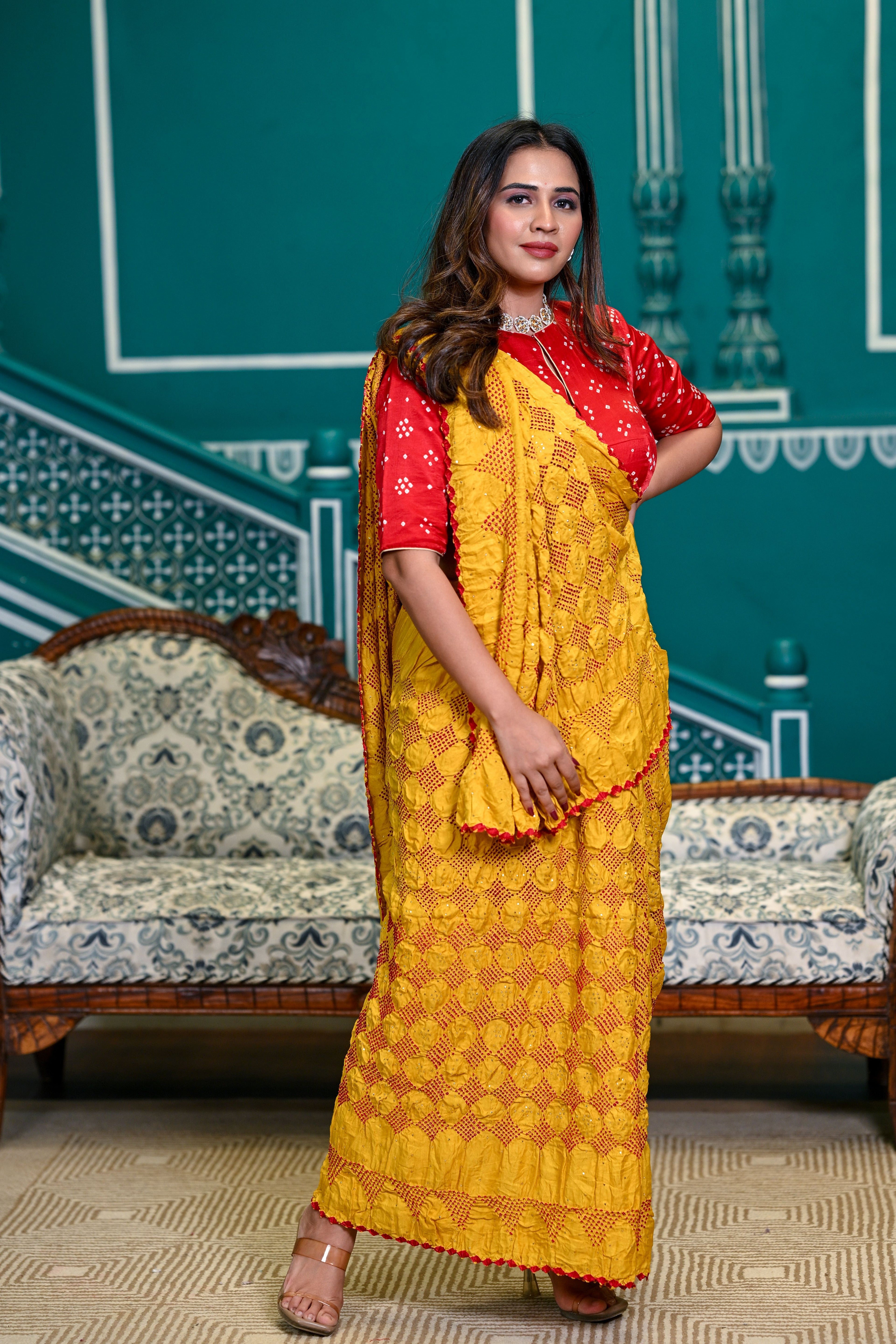YELLOW GEOMETRIC S3 BANDHANI SILK SAREE WITH MUKAISH WORK