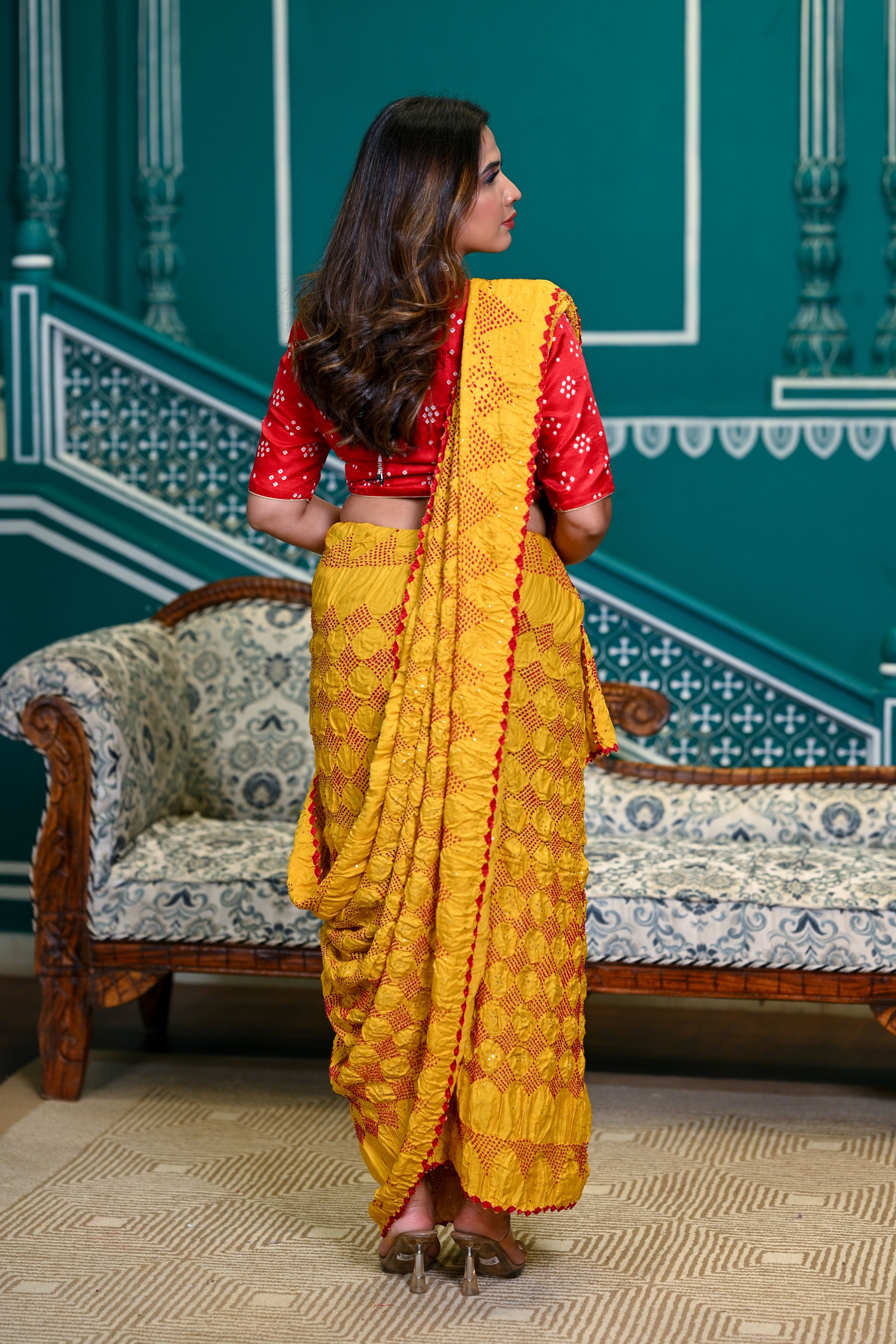 YELLOW GEOMETRIC S3 BANDHANI SILK SAREE WITH MUKAISH WORK