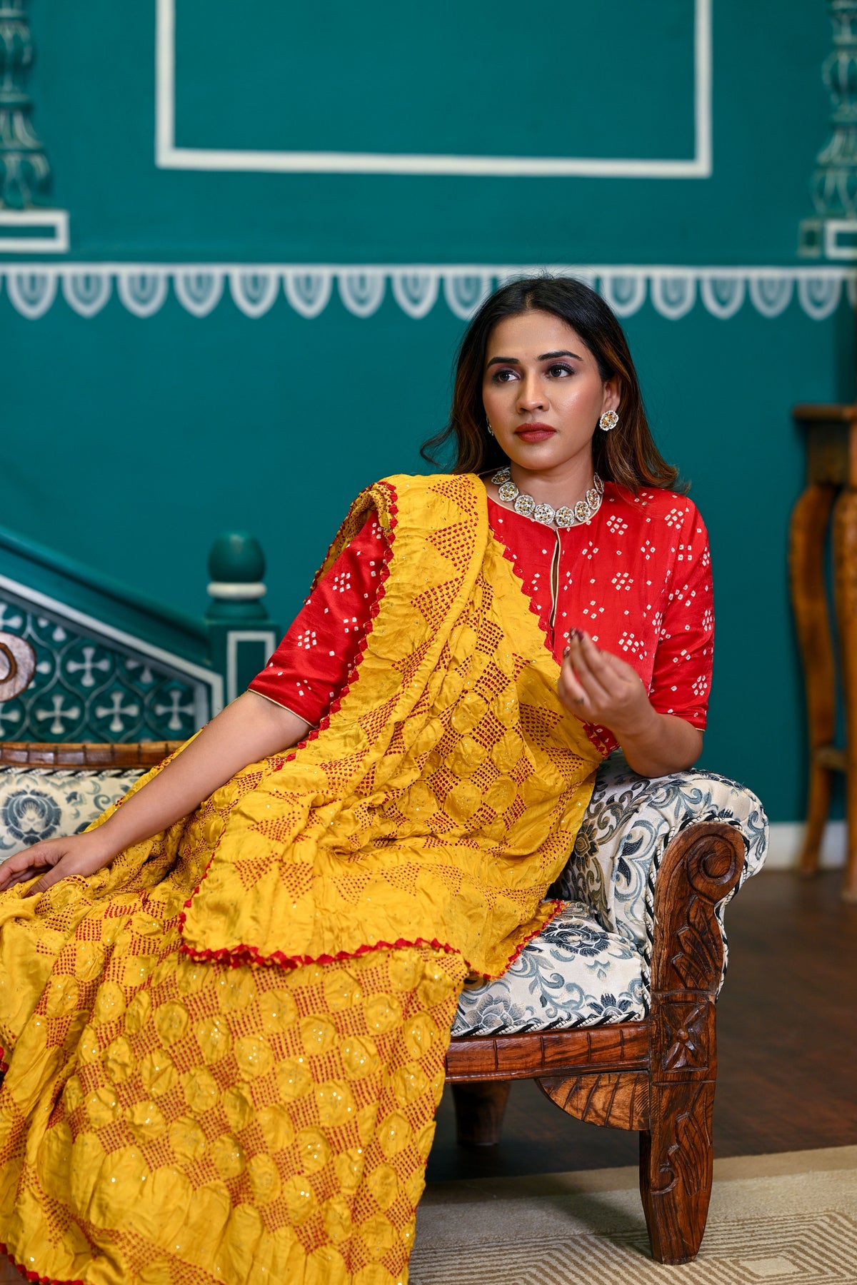 YELLOW GEOMETRIC S3 BANDHANI SILK SAREE WITH MUKAISH WORK