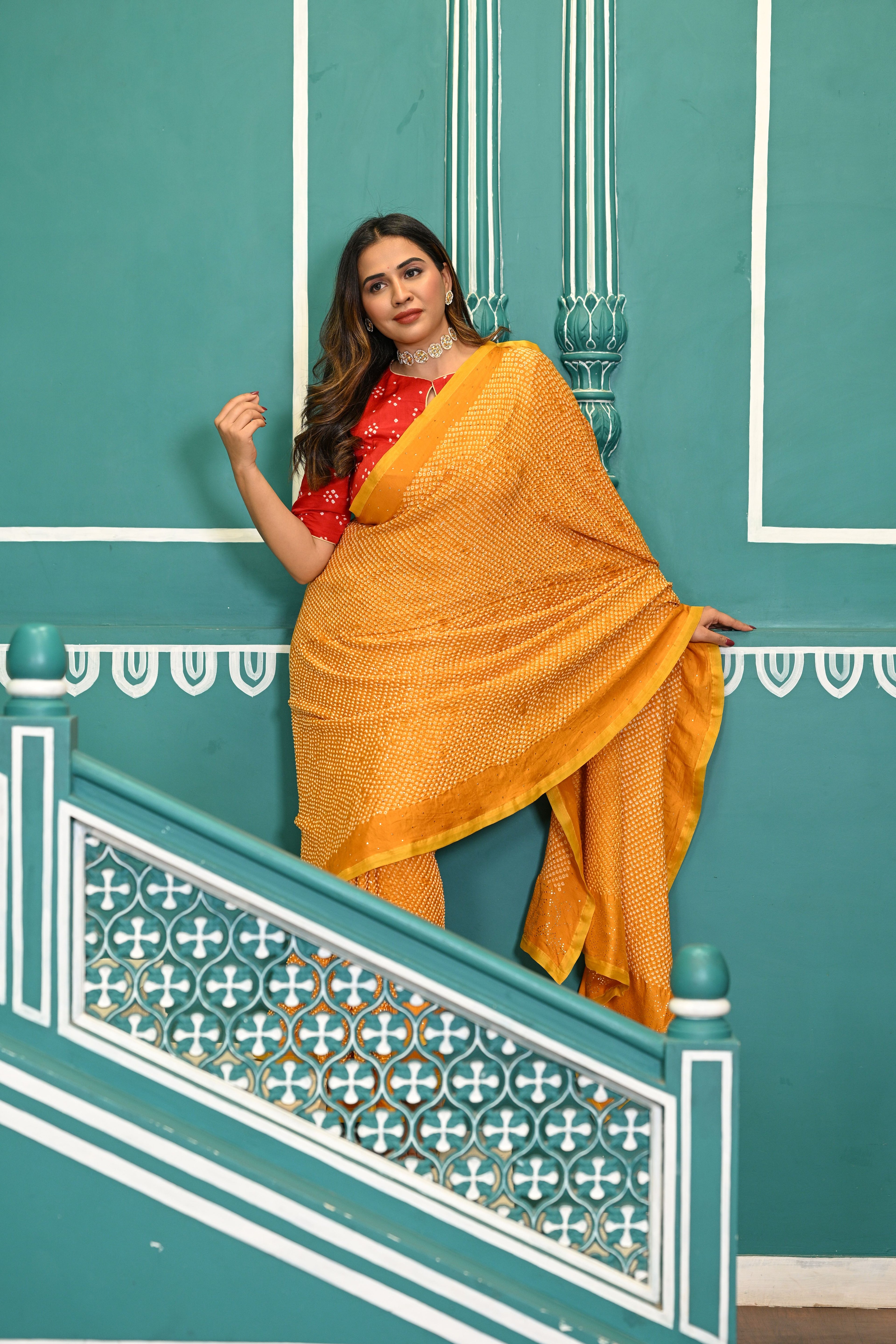 GOLDEN YELLOW ETERNAL DOT BANDHANI SILK SAREE WITH MUKAISH WORK