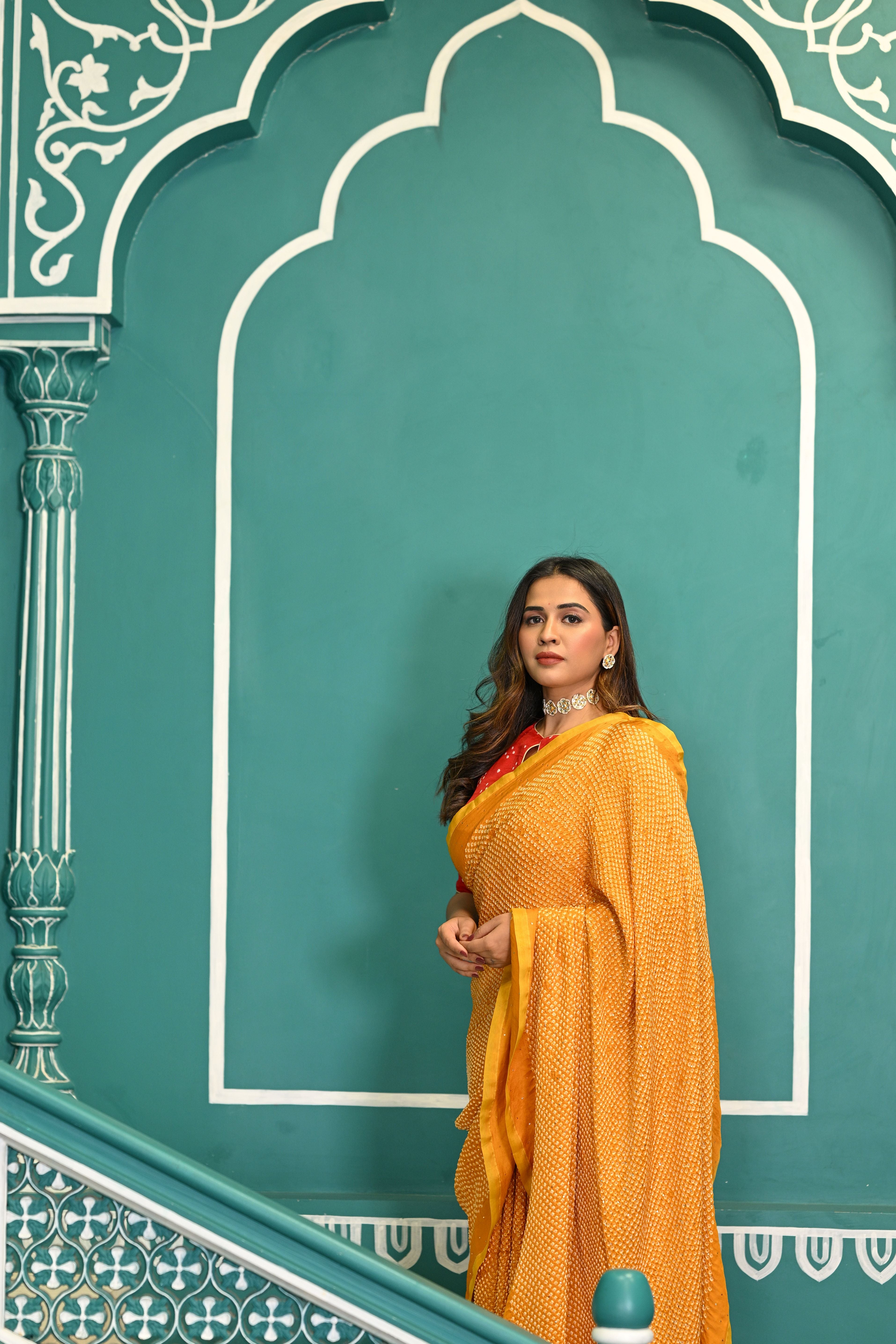 GOLDEN YELLOW ETERNAL DOT BANDHANI SILK SAREE WITH MUKAISH WORK