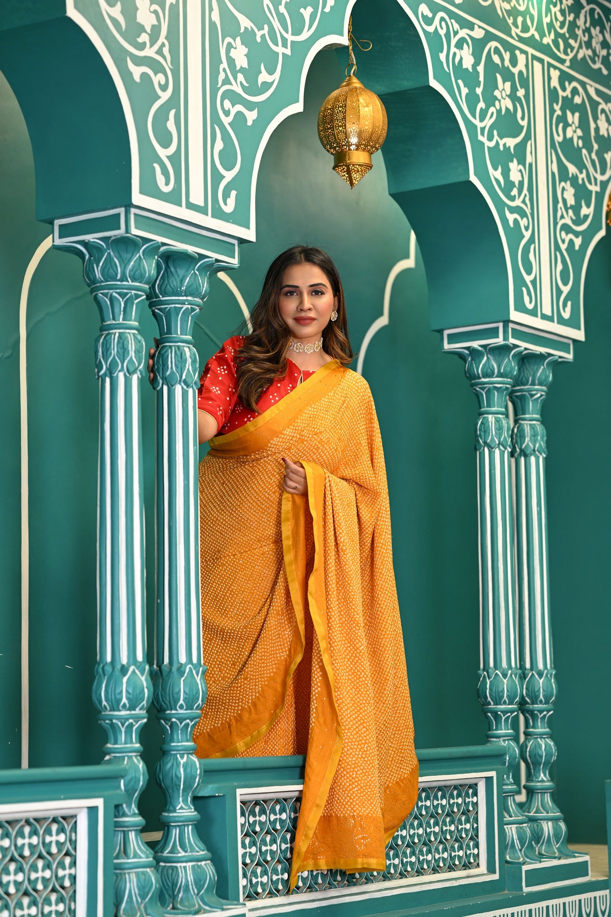 GOLDEN YELLOW ETERNAL DOT BANDHANI SILK SAREE WITH MUKAISH WORK