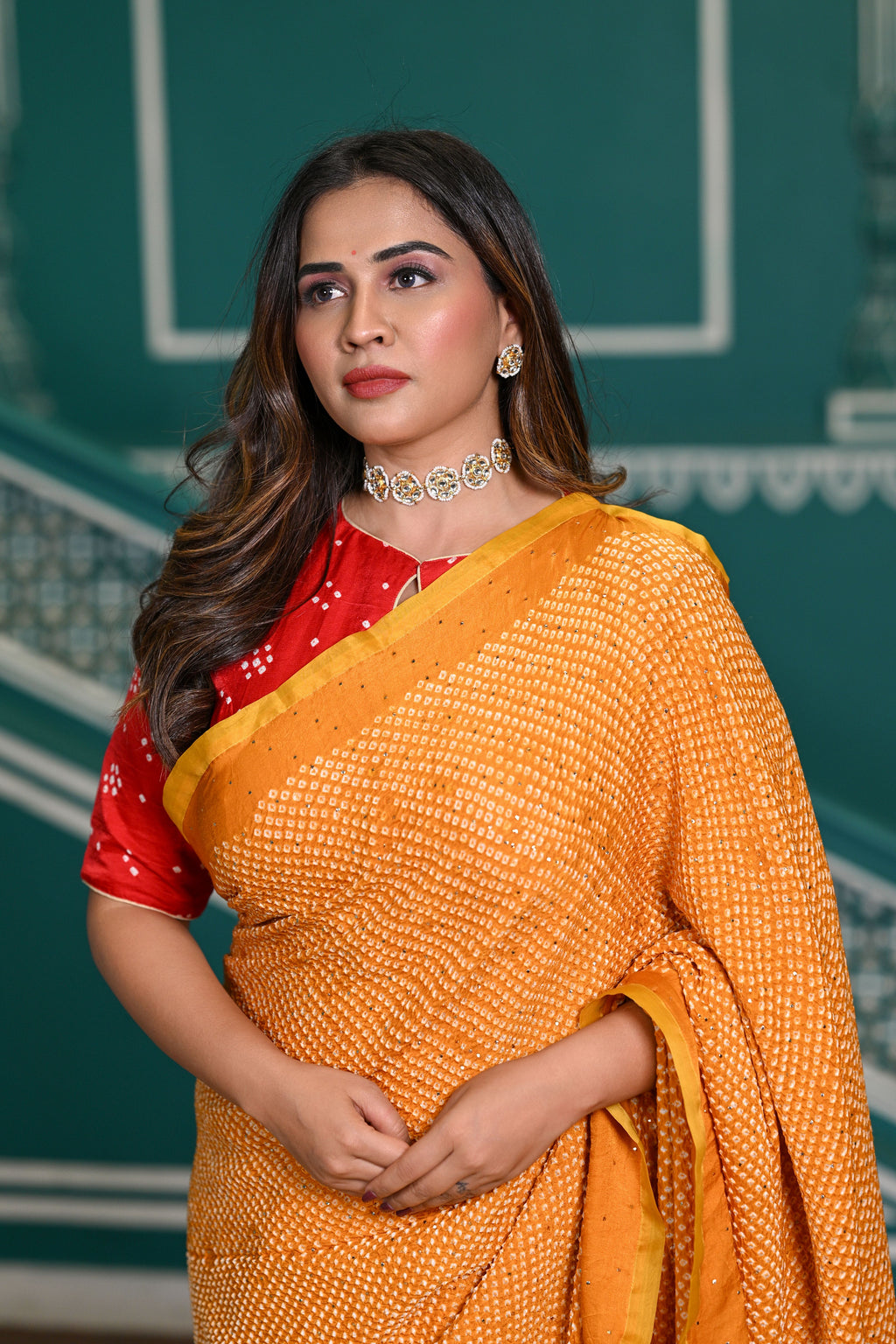 GOLDEN YELLOW ETERNAL DOT BANDHANI SILK SAREE WITH MUKAISH WORK