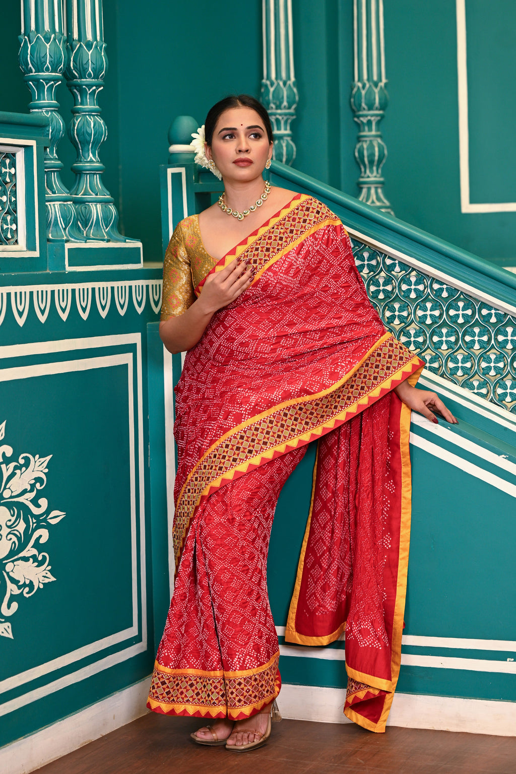 RED GEOMETRIC NEW DIAMOND BANDHANI SILK SAREE WITH KUTCHY BORDER