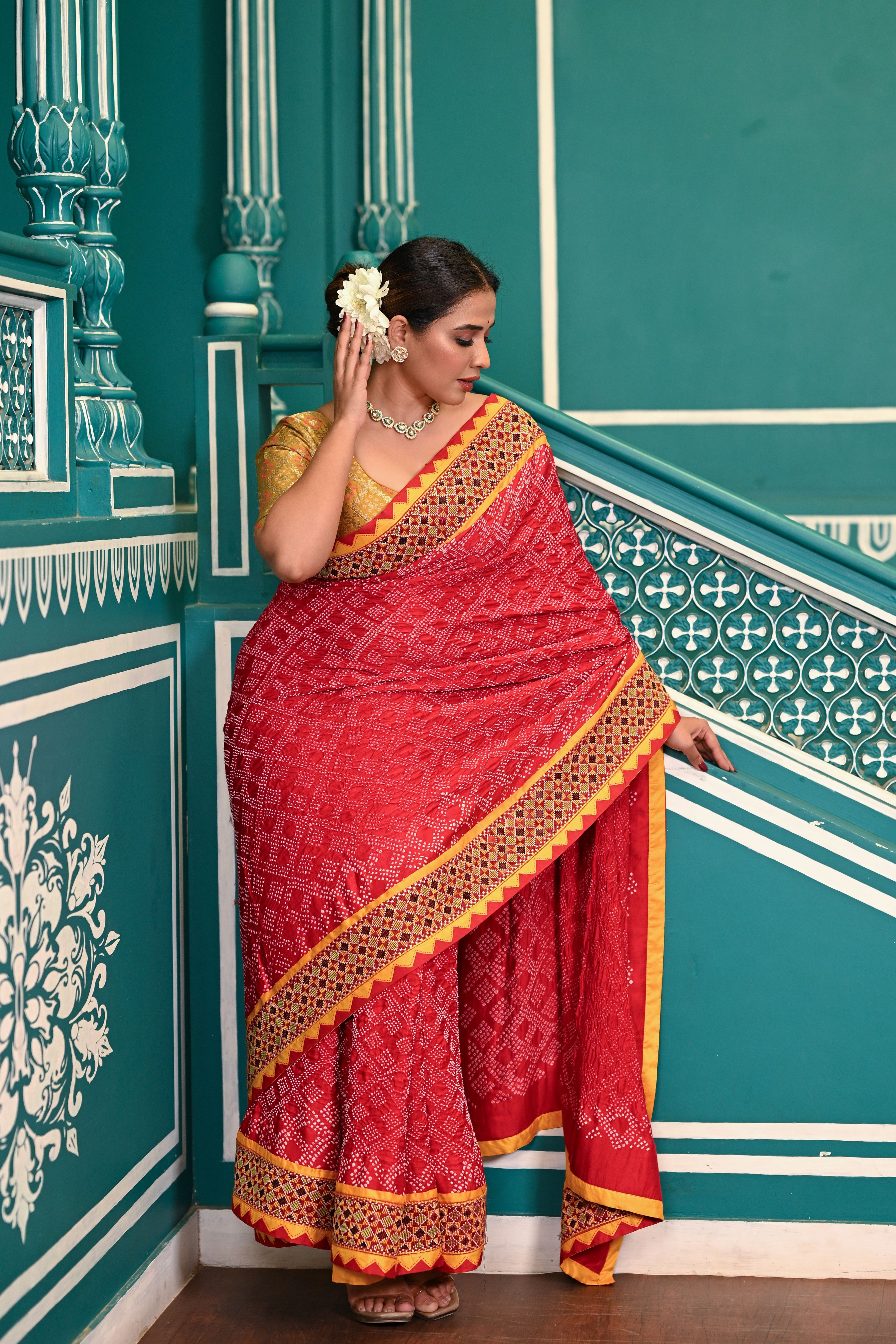 RED GEOMETRIC NEW DIAMOND BANDHANI SILK SAREE WITH KUTCHY BORDER