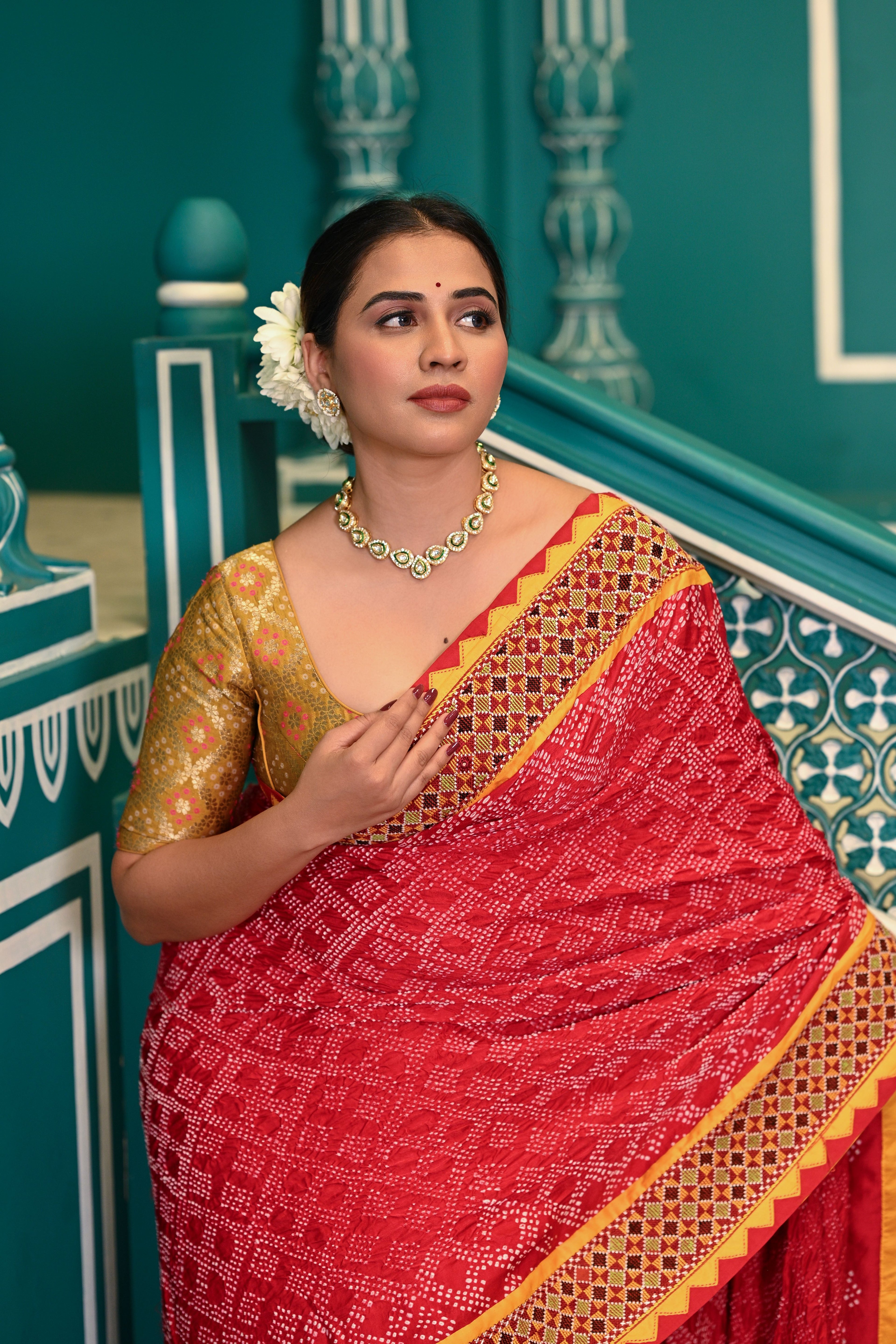RED GEOMETRIC NEW DIAMOND BANDHANI SILK SAREE WITH KUTCHY BORDER