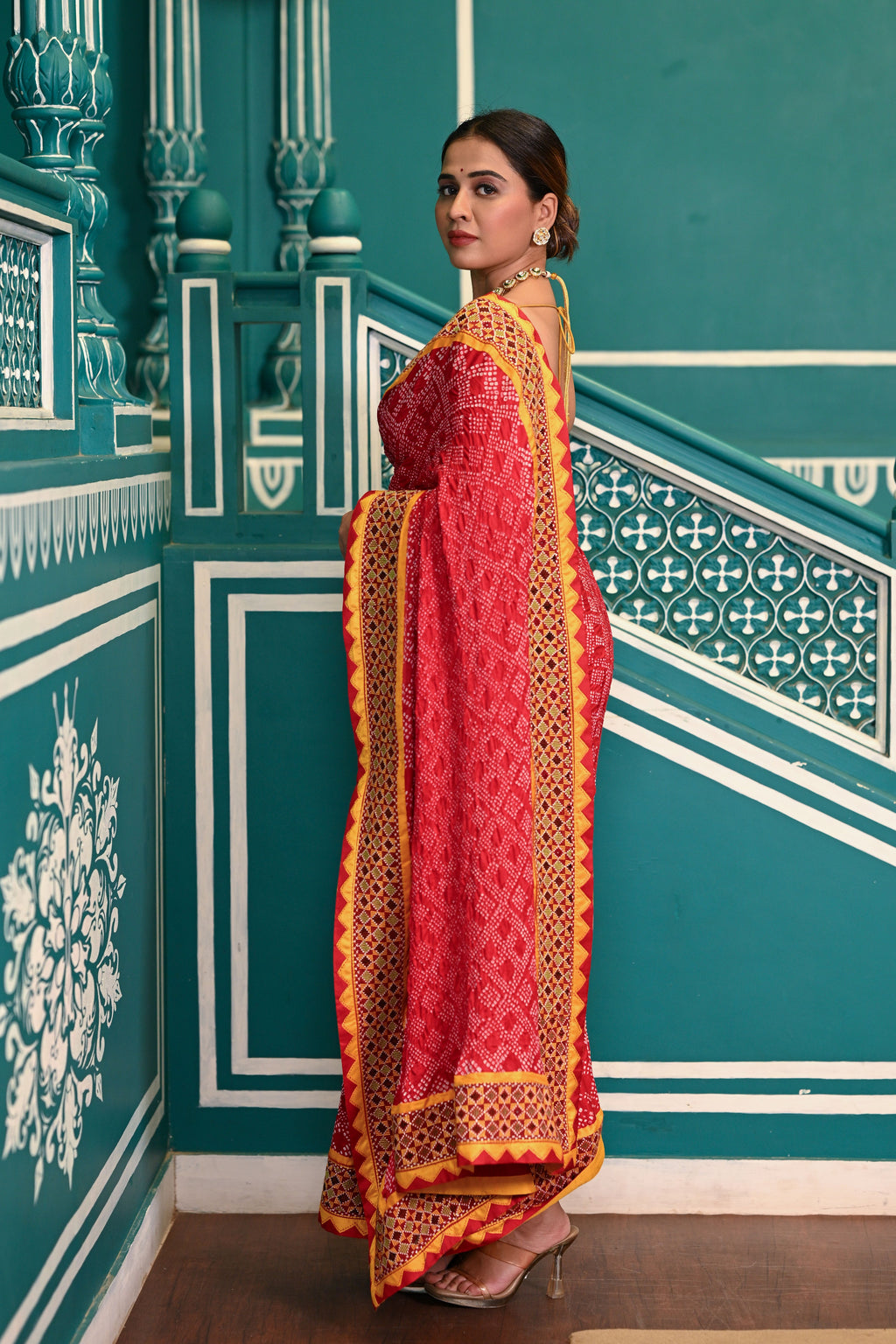 RED GEOMETRIC NEW DIAMOND BANDHANI SILK SAREE WITH KUTCHY BORDER
