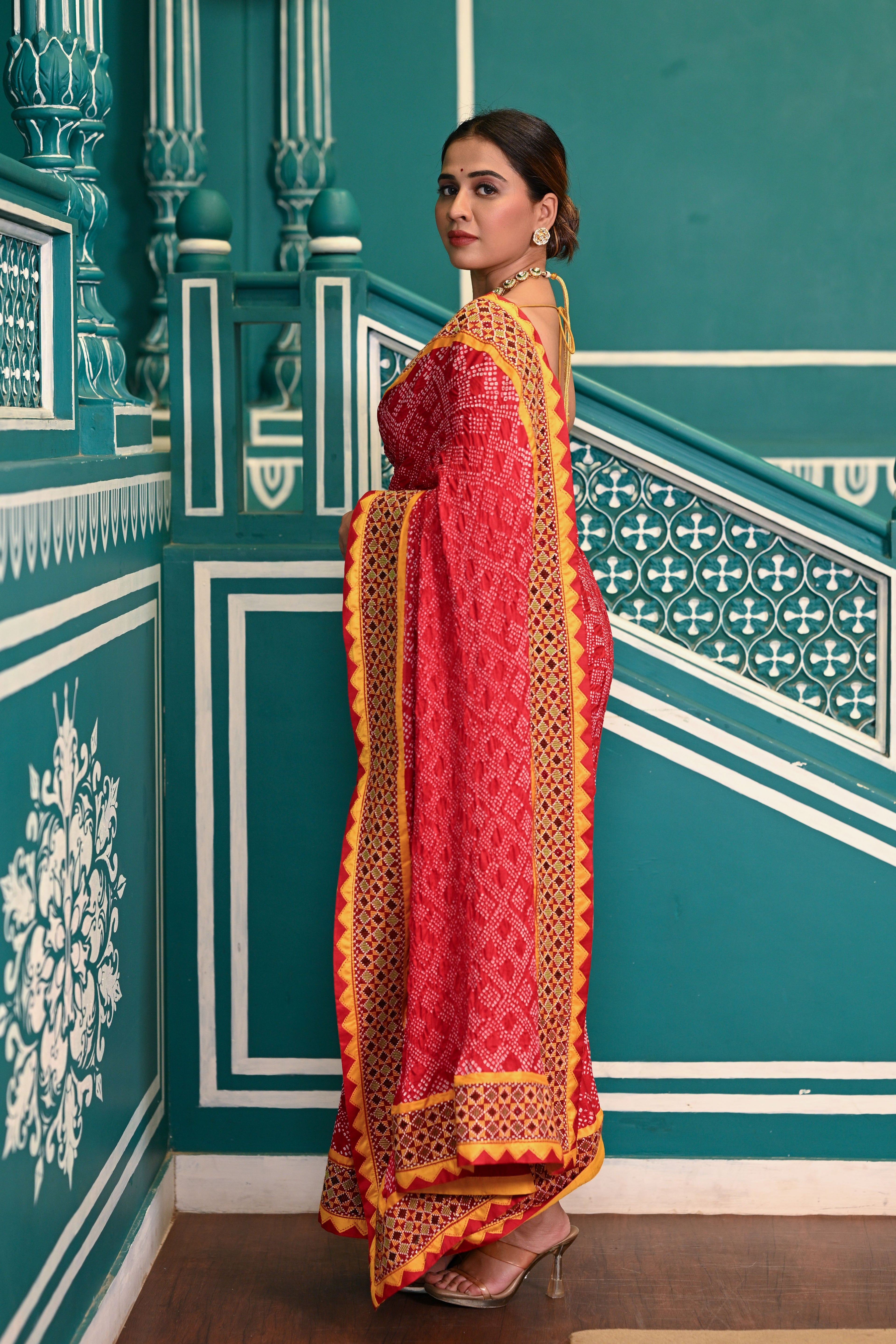 RED GEOMETRIC NEW DIAMOND BANDHANI SILK SAREE WITH KUTCHY BORDER