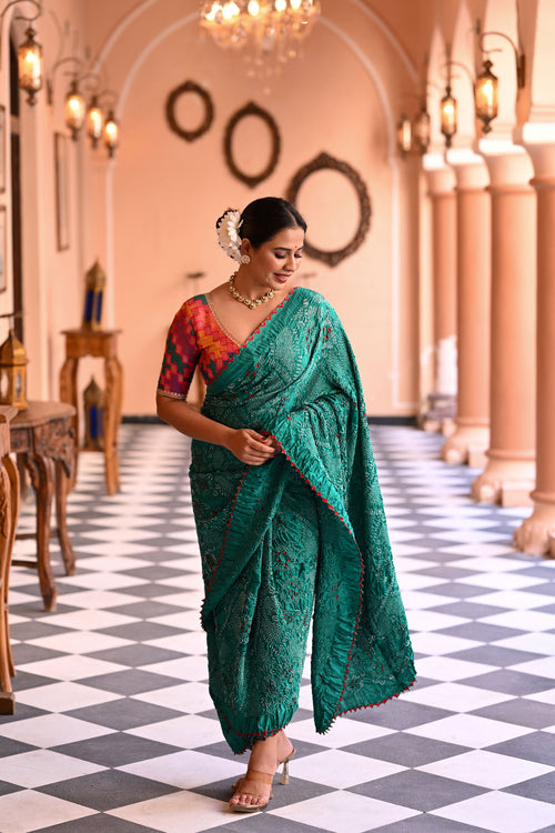 GREEN JAPANESE BANDHANI SILK SAREE