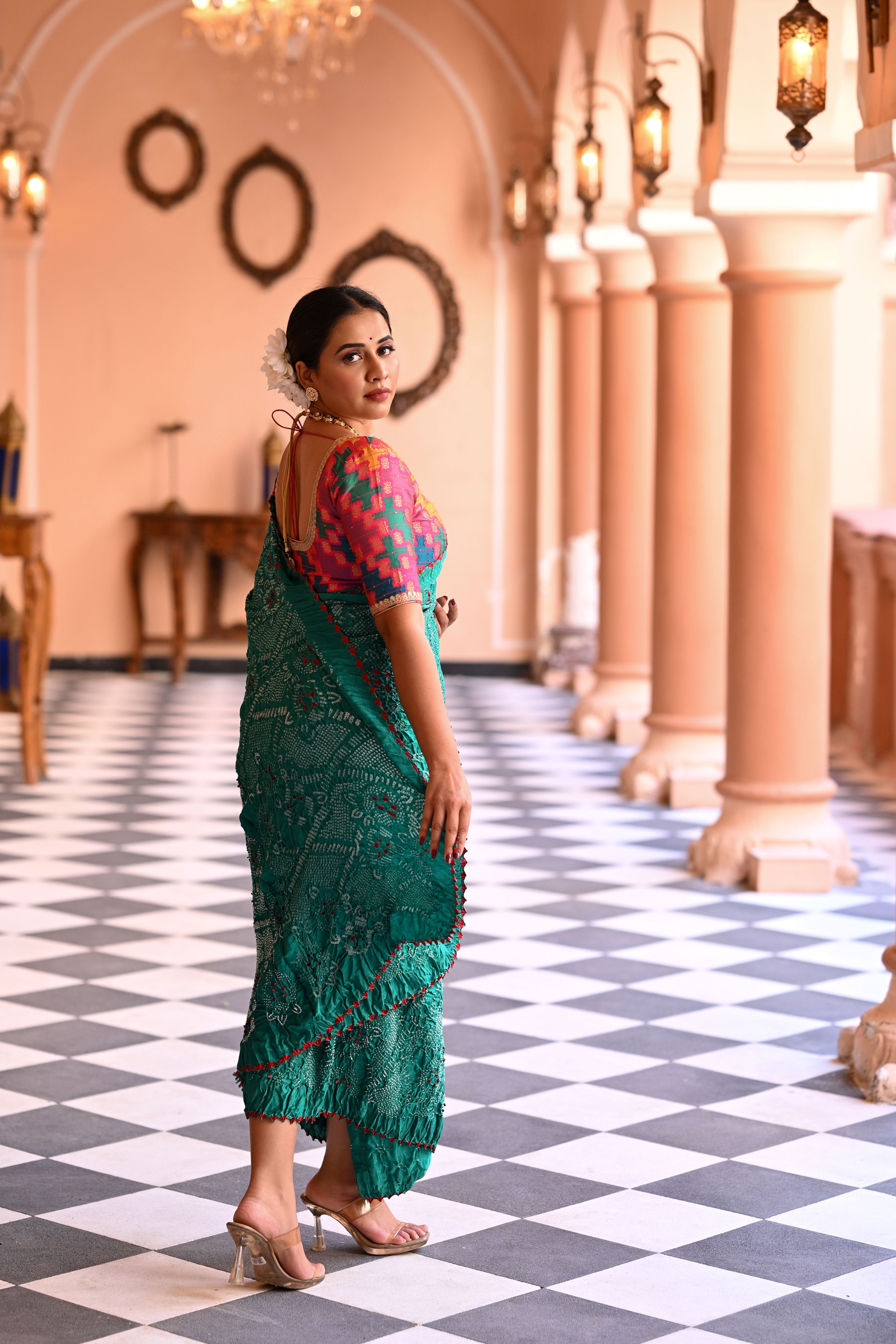 GREEN JAPANESE BANDHANI SILK SAREE