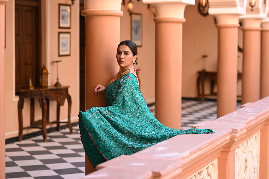 GREEN JAPANESE BANDHANI SILK SAREE