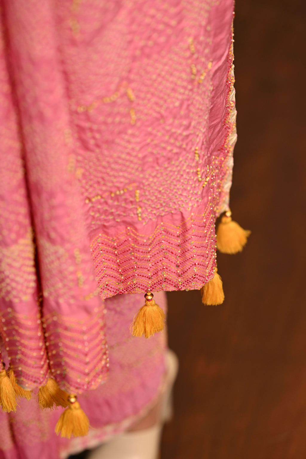 PINK GEOMETRIC BANDHANI SILK SAREE WITH EMBROIDERY