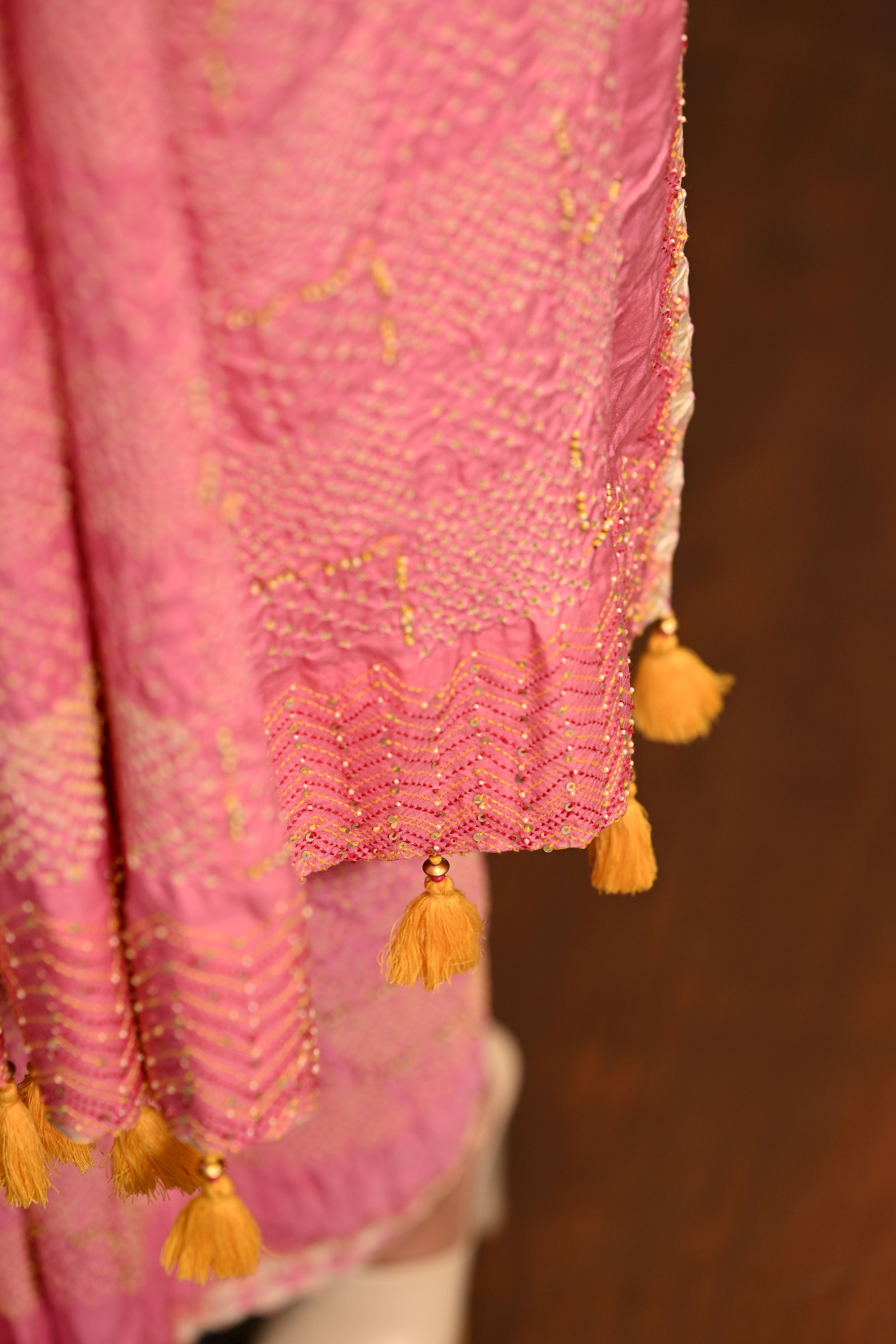 PINK GEOMETRIC BANDHANI SILK SAREE WITH EMBROIDERY